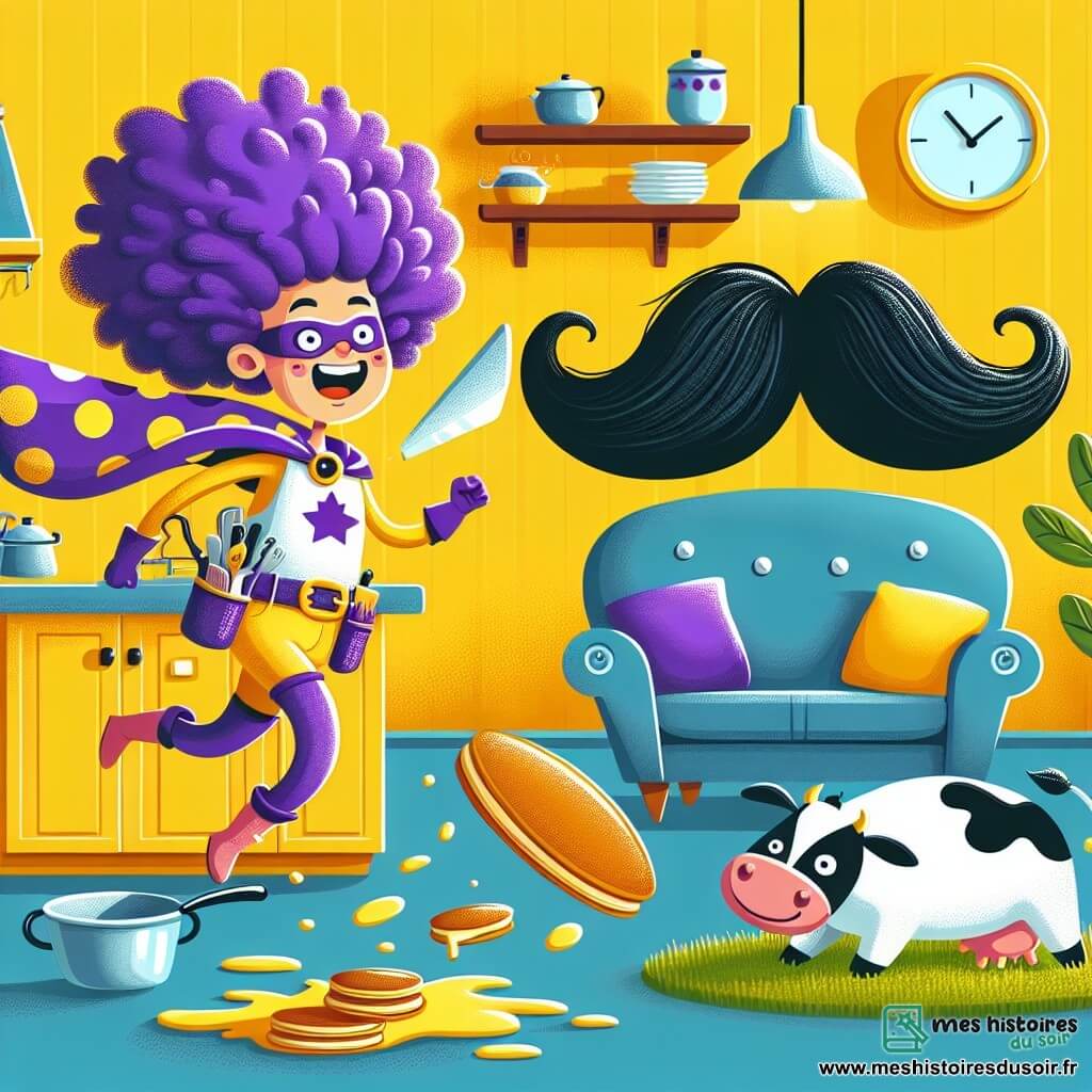 Une illustration sous forme de dessin destinée aux enfants représentant une cuisine colorée et ludique avec des murs peints en jaune vif, où une super-héroïne aux cheveux bouclés et violets, portant une cape à pois violets et une ceinture de gadgets rigolos, court en riant pour attraper une pâte à pancake qui vole dans les airs, tandis qu'un canapé moustachu, avec une grande moustache noire, se tient à côté d'elle, et une petite vache miniature broutant l'herbe sur le tapis ajoute une touche comique à la scène.