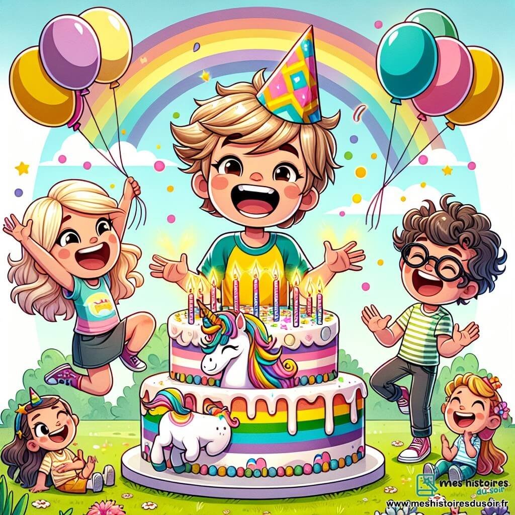 Une illustration sous forme de dessin destinée aux enfants représentant une joyeuse fête d'anniversaire dans un jardin ensoleillé, avec un garçon de 7 ans aux cheveux bruns en bataille, portant un T-shirt coloré et un grand sourire, entouré de sa sœur aux cheveux blonds qui saute de joie et de sa tante aux lunettes rondes et aux cheveux frisés, tous deux applaudissant alors qu'il souffle les bougies d'un magnifique gâteau décoré de licornes et d'arcs-en-ciel, tandis que des ballons colorés flottent dans l'air et des amis rient et s'amusent autour d'eux.