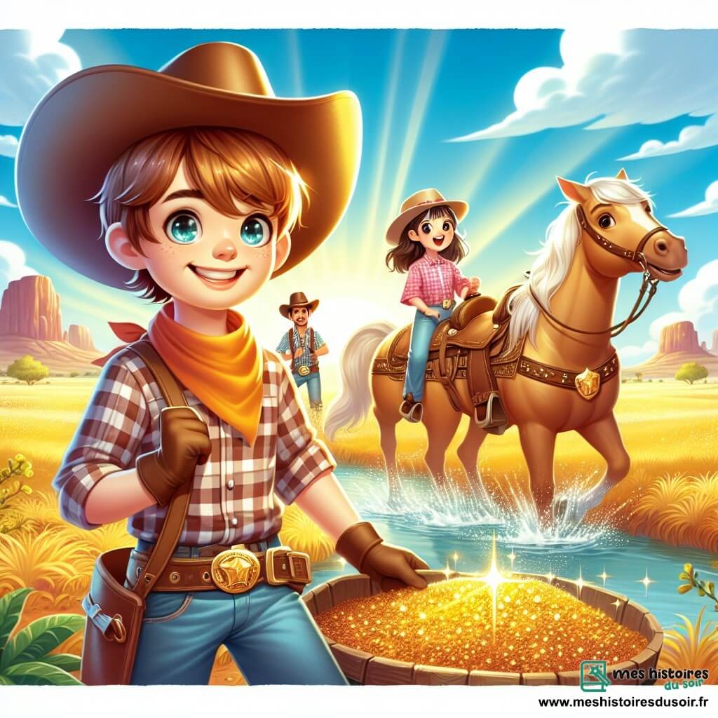 Une illustration sous forme de dessin destinée aux enfants représentant un vaste paysage de prairie dorée sous un ciel bleu éclatant, où un jeune cow-boy aux cheveux châtain clair et aux yeux pétillants, vêtu d'une chemise à carreaux et d'un chapeau de cowboy, se tient fièrement sur son cheval Tornade, tandis que deux amis, une fille aux cheveux bruns et aux yeux vifs, portant une robe colorée, et un garçon grand et costaud avec un bandana autour du cou, l'observent avec excitation, alors qu'ils découvrent des paillettes d'or scintillantes dans le lit d'une rivière, symbolisant leur quête d'aventure et de trésor.