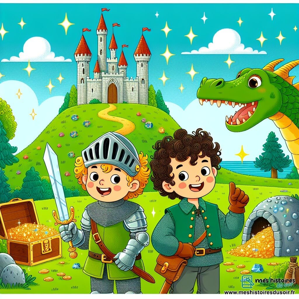 Une illustration sous forme de dessin destinée aux enfants représentant un majestueux château perché sur une colline verdoyante, avec un chevalier au cœur vaillant, un jeune garçon aux cheveux bouclés et au visage malicieux, tous deux se tenant devant une grotte scintillante remplie de trésors, tandis qu'un dragon aux écailles brillantes les observe avec curiosité, illustrant le moment où ils tentent de sauver la princesse en prouvant leur bravoure et leur intelligence.