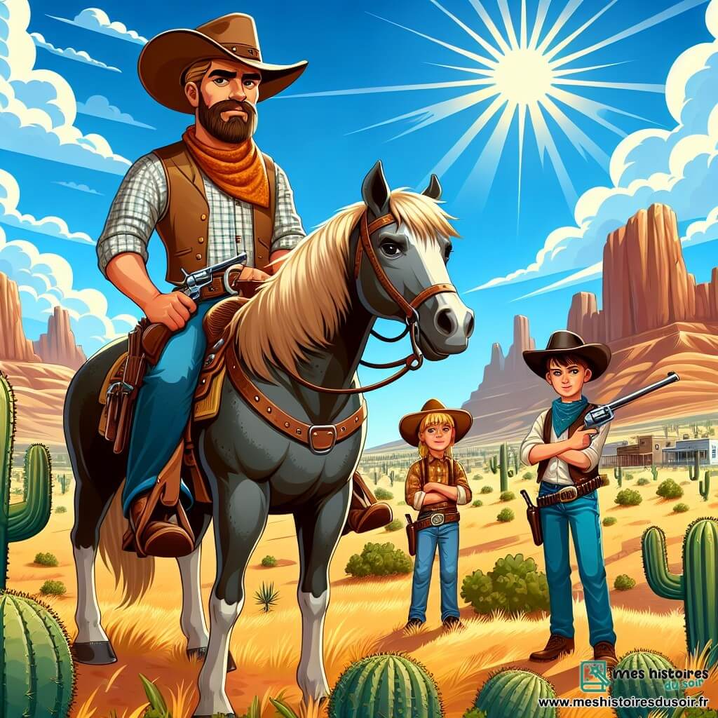 Une illustration sous forme de dessin destinée aux enfants représentant un paysage désertique de l'Ouest américain avec des collines rocailleuses sous un ciel bleu éclatant, où un cow-boy au grand cœur, un homme brun avec un chapeau de feutre et une chemise à carreaux, monte fièrement son cheval Tornado tout en observant l'horizon, tandis qu'à ses côtés se tiennent un jeune cow-boy blond, plein de fougue, et une cow-girl brune, armée de son revolver, tous deux prêts à défendre leur ville contre une bande de hors-la-loi, avec des cactus éparpillés et un soleil brûlant illuminant la scène.
