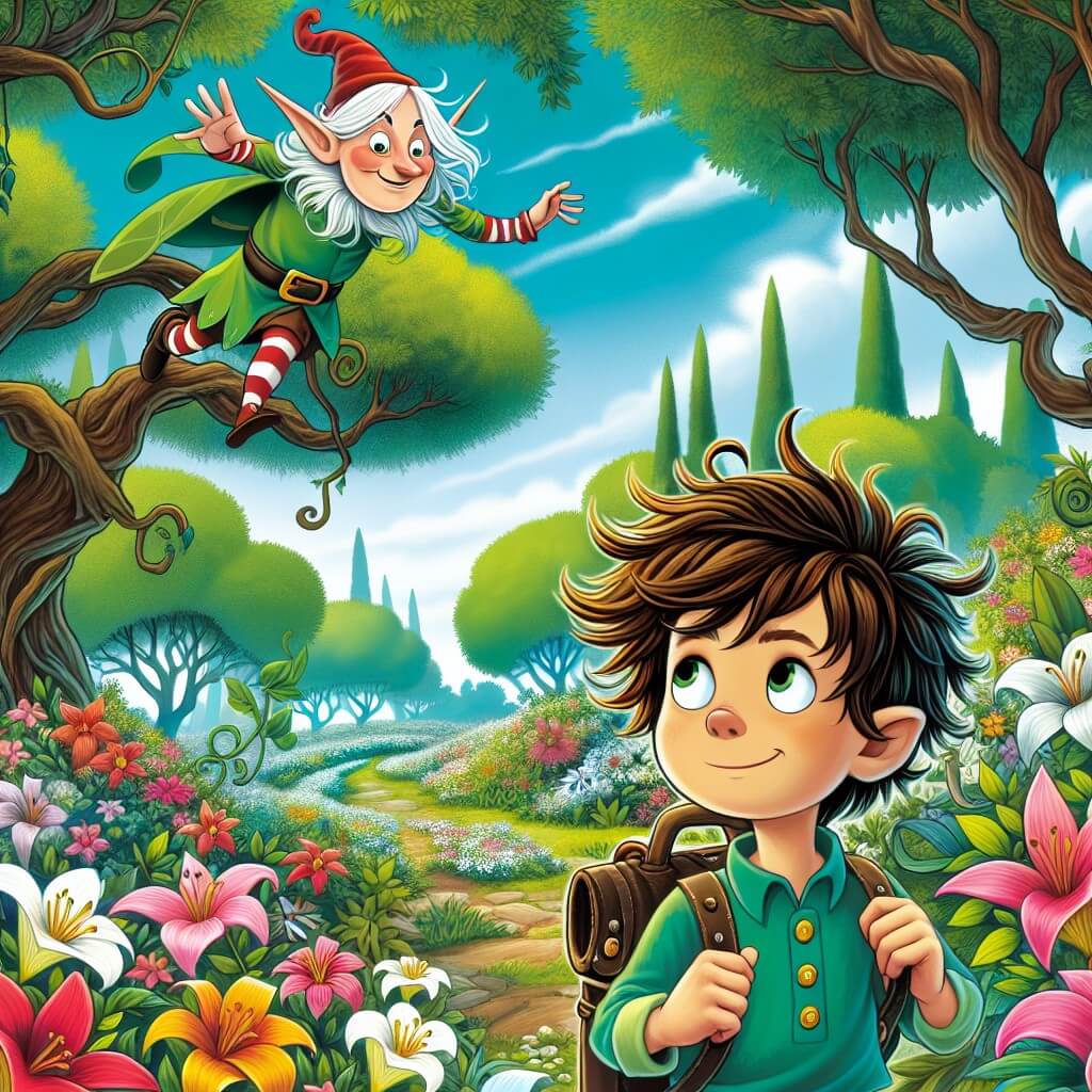 Une illustration destinée aux enfants représentant un jeune garçon aux cheveux ébouriffés, plongé dans une aventure extraordinaire, accompagné d'un lutin farceur, dans un parc luxuriant rempli de fleurs colorées et d'arbres majestueux.