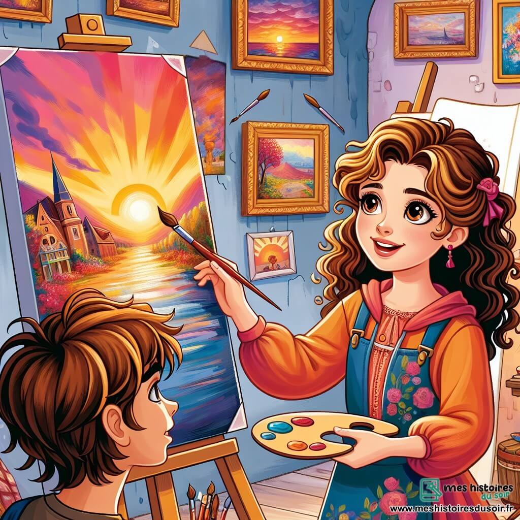 Une illustration sous forme de dessin destinée aux enfants représentant un atelier lumineux et coloré, aux murs couverts de peintures éclatantes, où une jeune femme aux cheveux châtains et bouclés, vêtue d'un tablier de peinture, est en train de peindre un magnifique lever de soleil sur une toile, tandis qu'un garçon aux cheveux bruns en bataille, souriant et curieux, observe avec émerveillement, tenant un pinceau dans sa main, illustrant ainsi la magie de la créativité et de l'amitié partagée dans l'art.