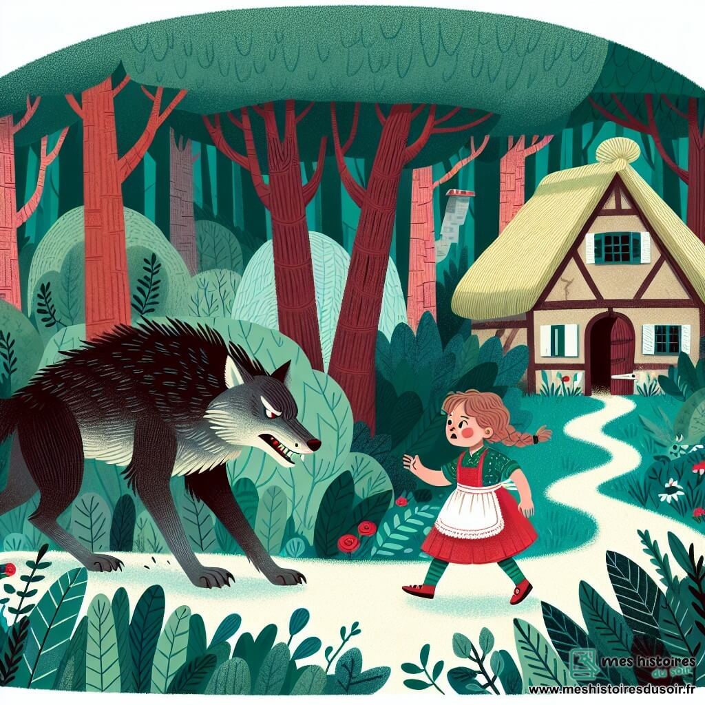 Une illustration destinée aux enfants représentant une petite fille courageuse, faisant face au grand méchant loup dans une forêt dense et mystérieuse, accompagnée de sa grand-mère, Madame Renard, vivant dans une charmante chaumière au bord du bois.