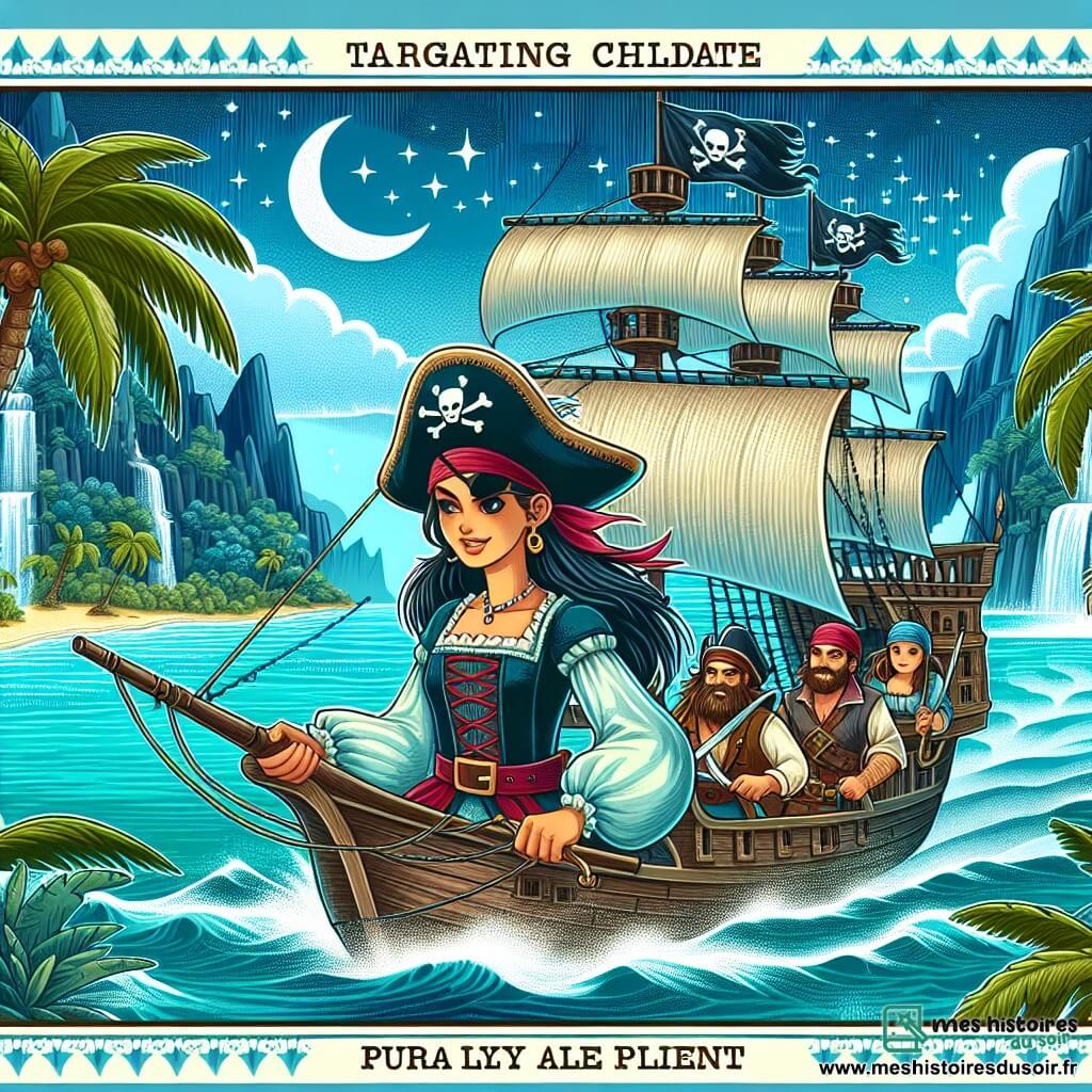 Une illustration destinée aux enfants représentant une femme pirate intrépide, voguant sur un navire majestueux au milieu d'une mer turquoise, avec pour compagnons un équipage loyal et courageux, et pour décor principal une île exotique regorgeant de palmiers, de cascades scintillantes et de grottes mystérieuses.