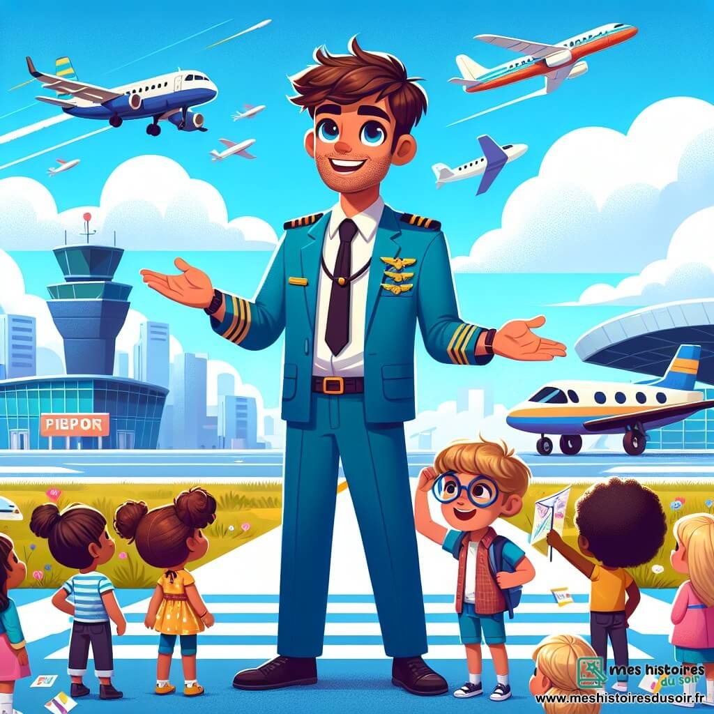 Illustration d'un aéroport animé, avec des avions colorés sur le tarmac et des nuages blancs dans un ciel bleu éclatant. Au premier plan, un jeune homme aux cheveux bruns en désordre et au sourire éclatant porte une combinaison de pilote bleue avec des insignes dorés. Il se tient à côté d'un petit avion de tourisme, les bras ouverts, prêt à partager sa passion avec des enfants. Plusieurs enfants, âgés de 8 à 10 ans, l'observent avec émerveillement. Une petite fille aux cheveux bouclés et à la robe rose lève la main, tandis qu'un garçon aux lunettes penche la tête en avant, excité. La scène montre l'homme expliquant les merveilles de l'aviation, entouré de maquettes en papier et d'affiches colorées. En arrière-plan, des passagers se dirigent vers un grand terminal, ajoutant de la vie à l'illustration, tandis que des rayons de soleil créent une atmosphère joyeuse et inspirante.