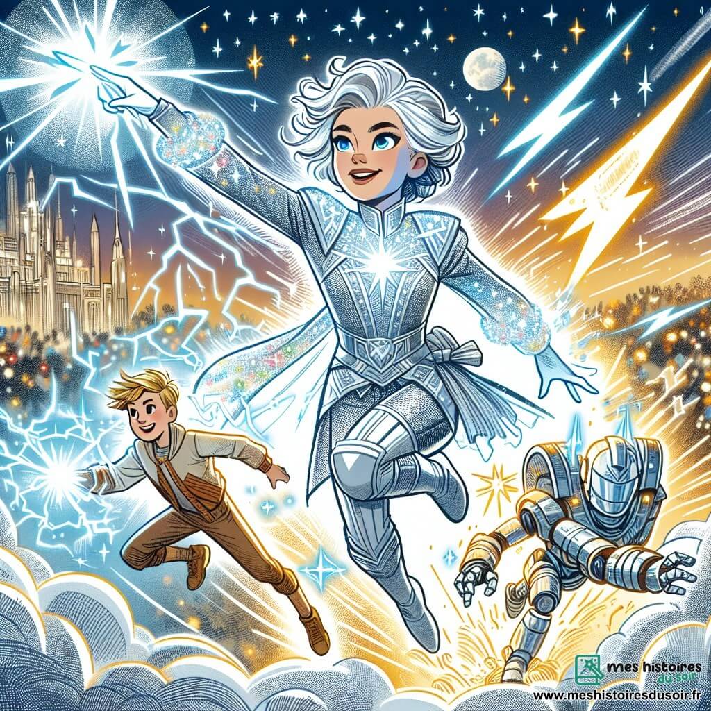 Une illustration sous forme de dessin destinée aux enfants représentant une scène dynamique dans la ville vibrante de Starlight, où une jeune femme aux cheveux argentés brillants et aux yeux bleu profond, flottant dans les airs avec un costume étoilé scintillant, utilise ses pouvoirs lumineux pour aveugler un gigantesque robot métallique menaçant, tandis que deux jeunes héros, un garçon aux cheveux dorés lançant des éclairs et une fille aux cheveux bruns créant des tornades, se battent à ses côtés pour protéger la ville, le tout sous un ciel nocturne parsemé d'étoiles scintillantes et d'une pleine lune éclatante.