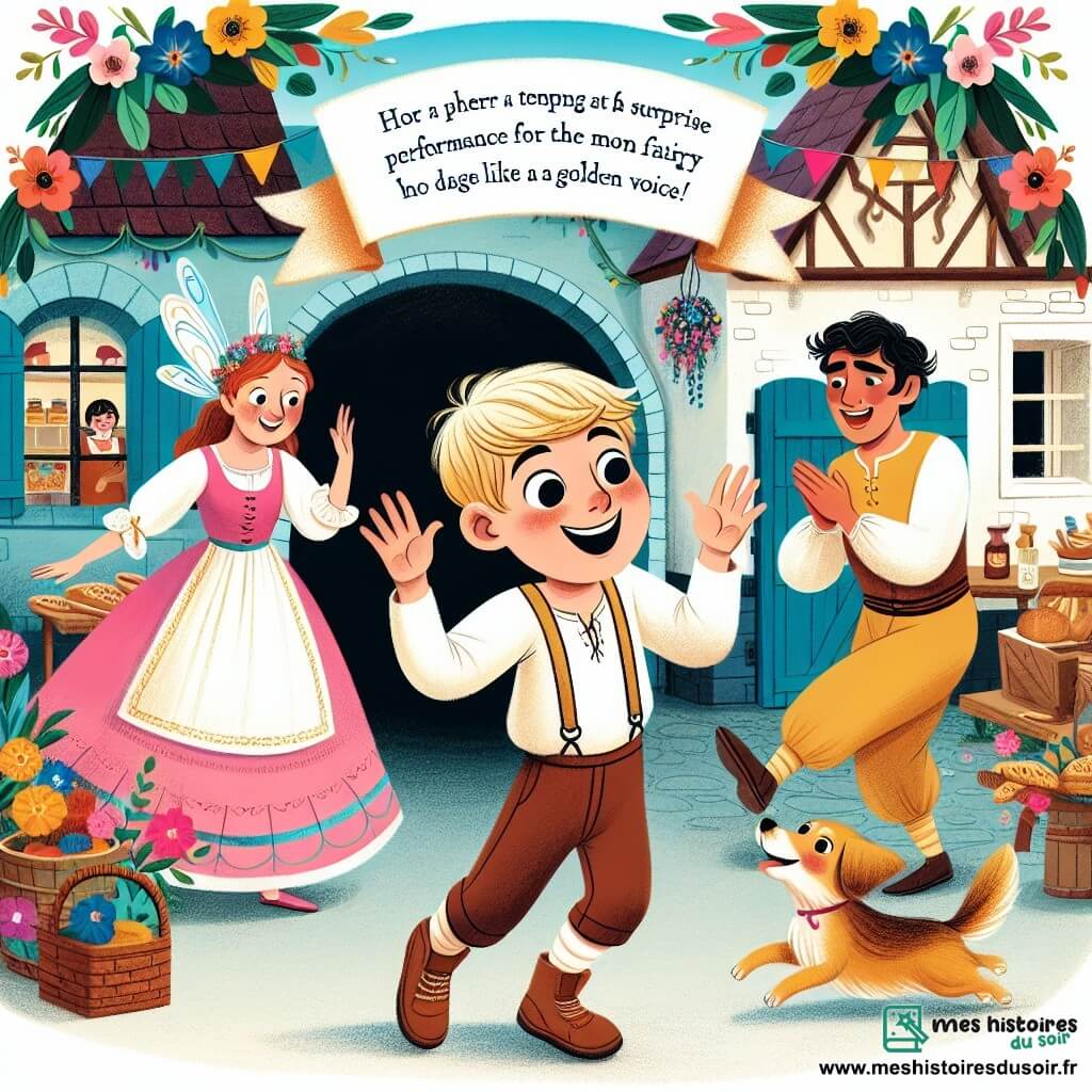Une illustration destinée aux enfants représentant un garçon plein d'énergie et de bonne humeur, préparant un spectacle surprise pour sa maman, entouré de sa voisine (fille) qui danse comme une fée, du boulanger (garçon) à la voix en or, et du chien clown du village, dans le pittoresque village de Pétillantville décoré de guirlandes colorées et de fleurs parfumées.