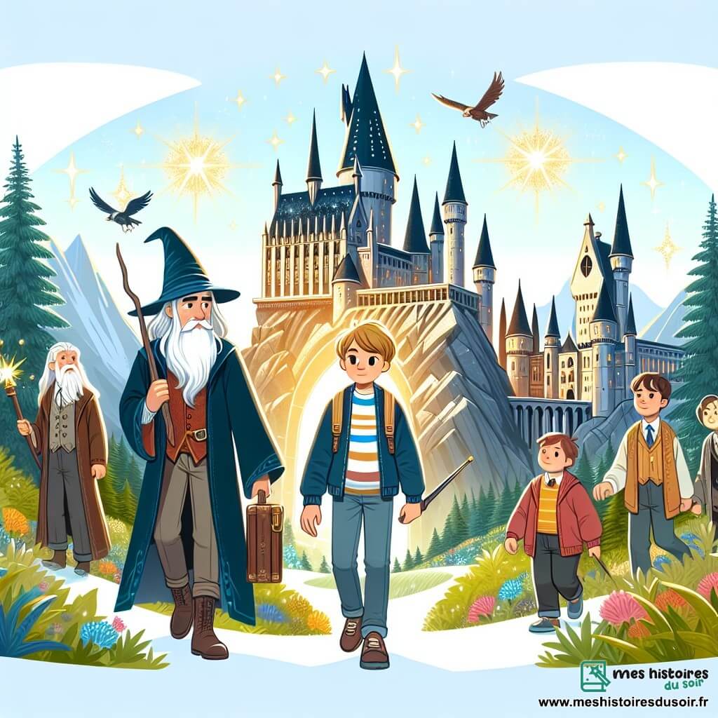 Une illustration destinée aux enfants représentant un jeune apprenti sorcier, accompagné de ses fidèles amis sorciers, découvrant un château majestueux entouré de tours scintillantes et de jardins enchantés.