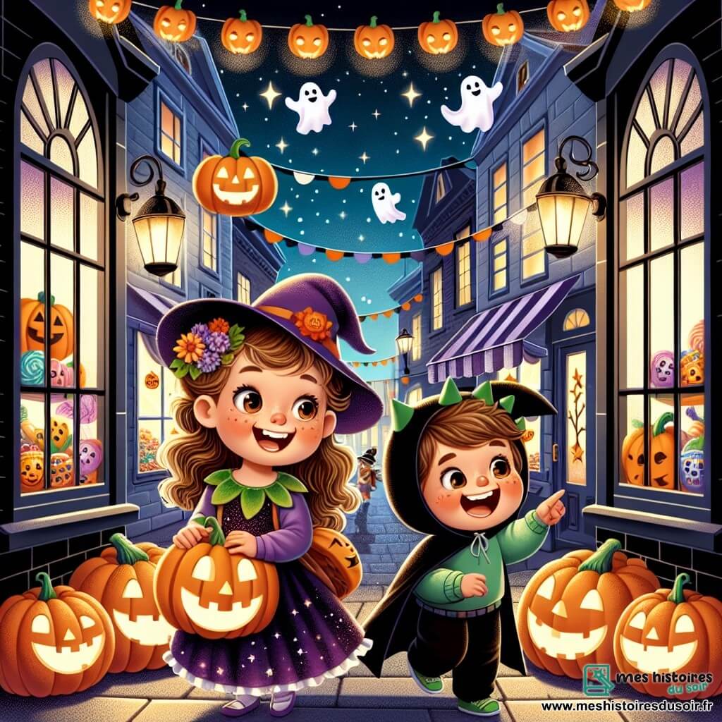 Illustration destinée aux enfants représentant une rue magique décorée pour Halloween, avec des lanternes en forme de citrouilles illuminées, des toiles d'araignées en papier suspendues aux fenêtres et des fantômes en plastique flottant dans l'air. Au premier plan, une petite fille de trois ans, avec des cheveux bouclés et des yeux pétillants, porte un costume de sorcière avec un chapeau pointu et tient une citrouille souriante dans ses bras. À ses côtés, un petit garçon en costume de monstre, avec une cape noire et un maquillage vert, rit joyeusement en lui montrant un magasin de bonbons colorés. La scène capture l'excitation de la chasse aux bonbons, avec des enfants courant et riant autour, tandis que des étoiles scintillent dans le ciel nocturne.