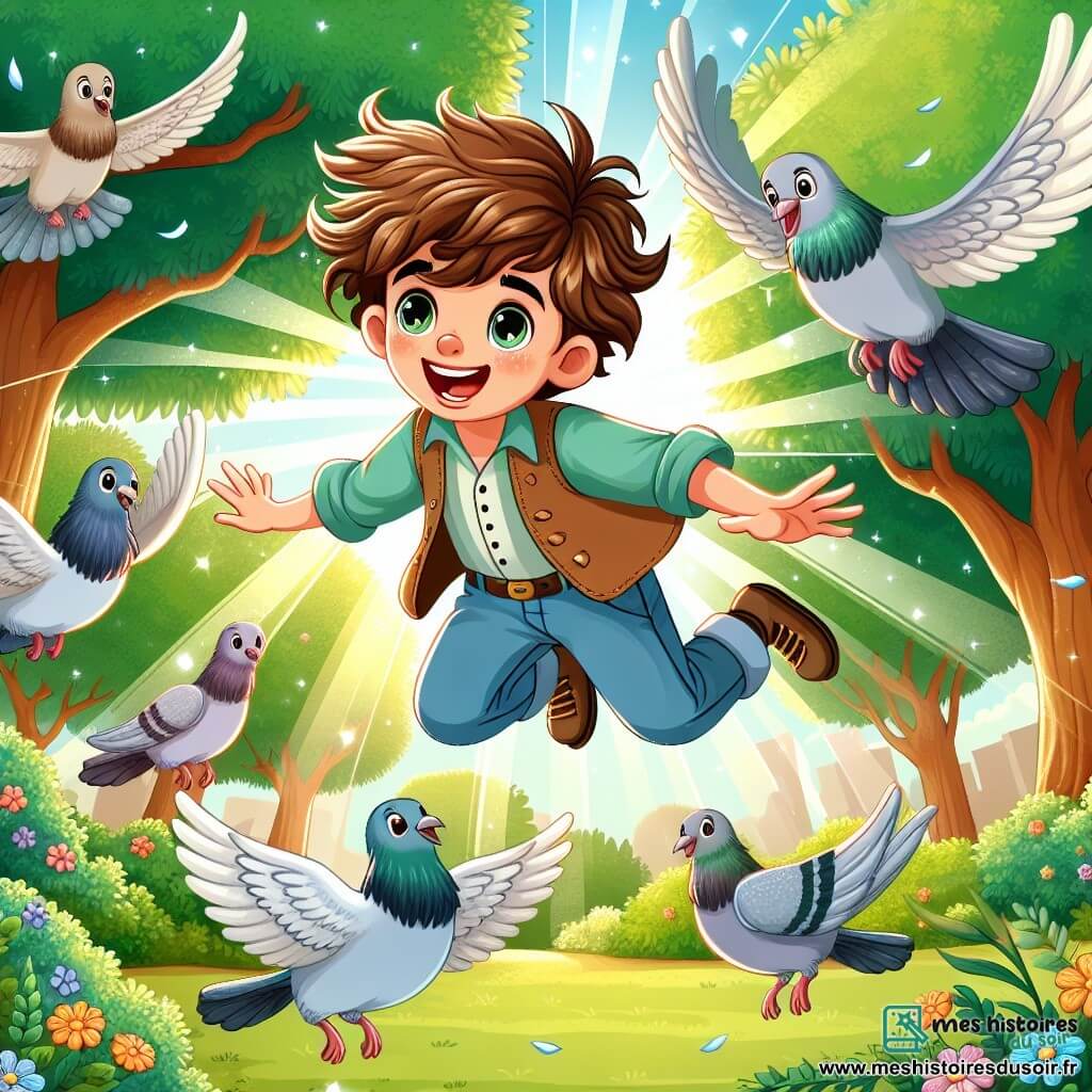 Une illustration sous forme de dessin destinée aux enfants représentant un parc ensoleillé avec des arbres verdoyants et des fleurs colorées, où un garçon de 11 ans aux cheveux châtains en bataille et au sourire éclatant, suspendu dans les airs, rit de joie en volant comme un oiseau, tandis qu'un groupe de pigeons aux plumes grises et blanches l'entoure, intrigués et amusés par sa capacité à voler, créant une scène pleine de magie et de camaraderie, illustrant l'instant où le garçon découvre la joie de l'aventure et de l'amitié avec les animaux.