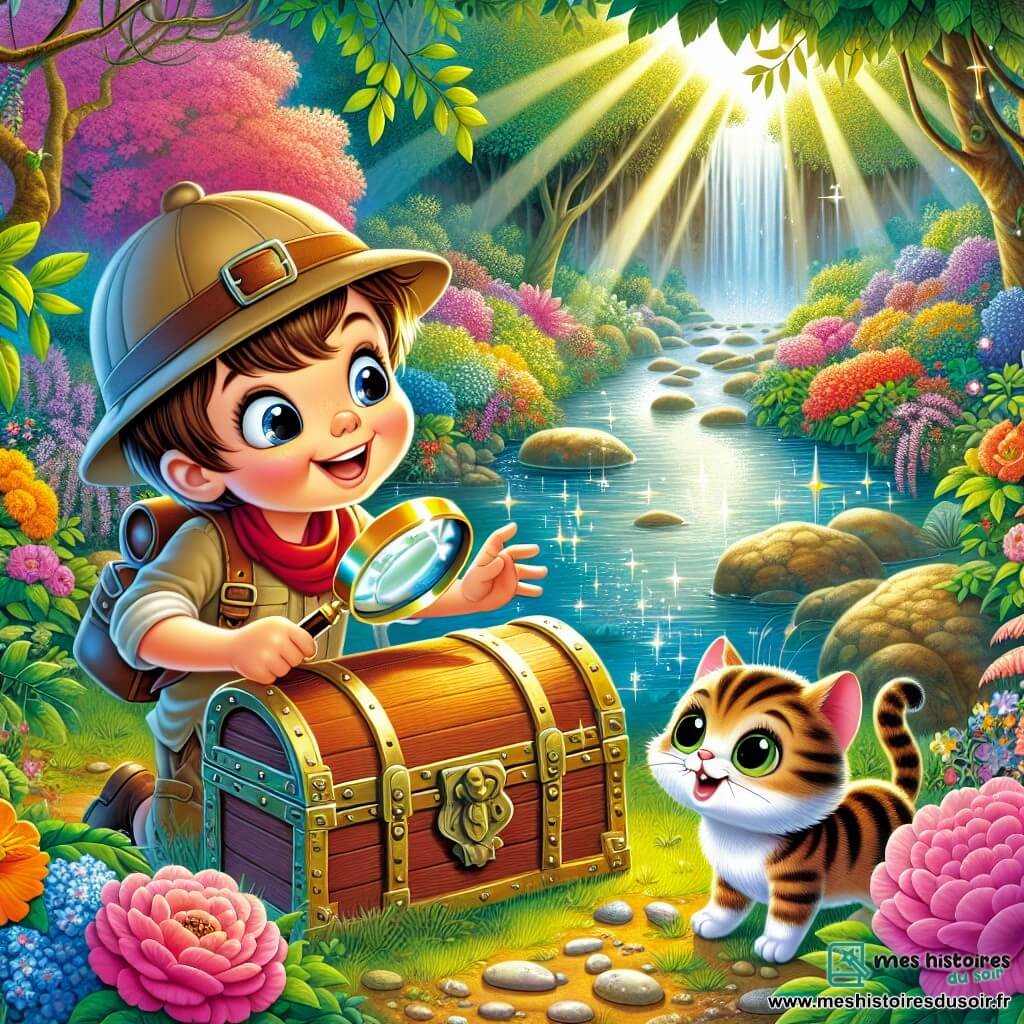 Une illustration sous forme de dessin destinée aux enfants représentant un jardin ensoleillé, rempli de fleurs colorées et d'un petit ruisseau scintillant, où un garçon de 5 ans aux cheveux bruns et aux yeux pétillants, portant une casquette d'aventurier et tenant une loupe, explore avec enthousiasme un vieux coffre en bois, tandis qu'un petit chat tigré aux yeux verts, curieux, l'observe de près, le tout dans une ambiance joyeuse et magique, illustrant la découverte d'un trésor caché.