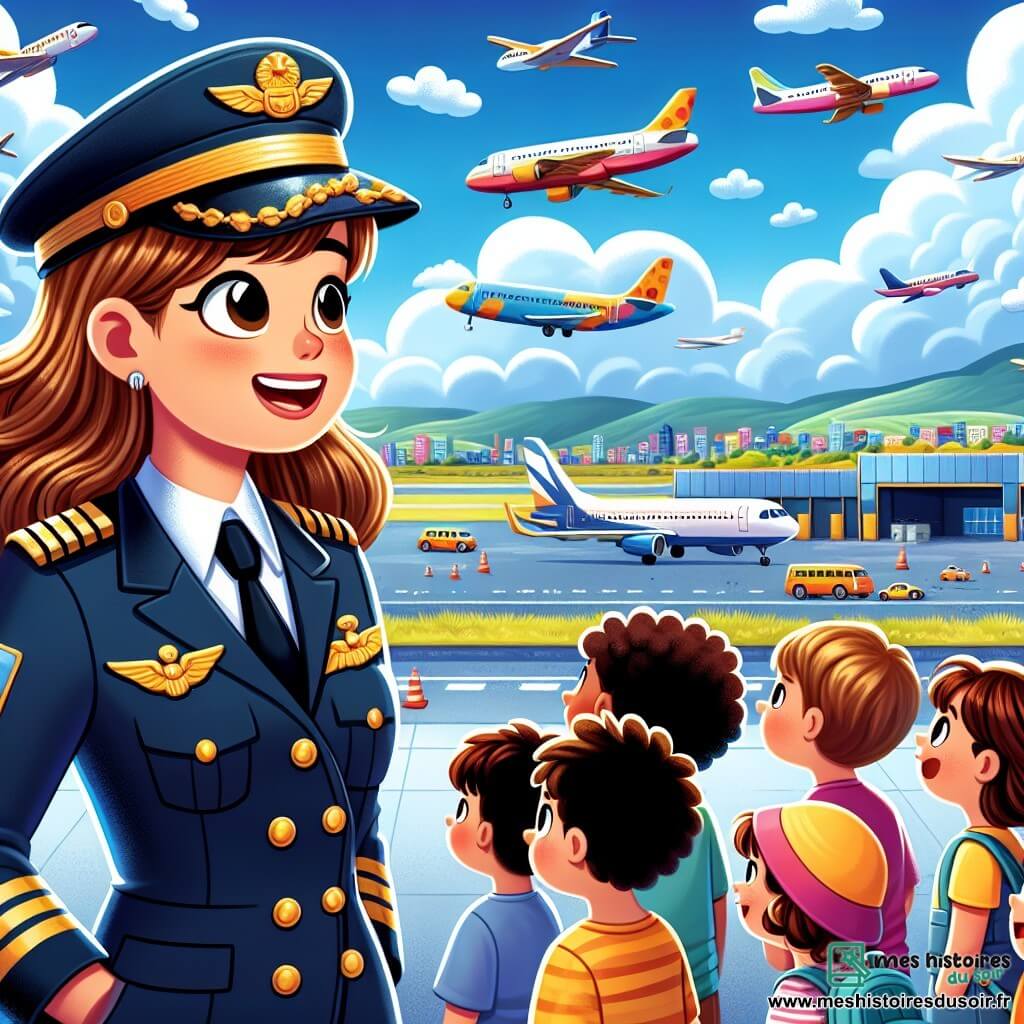 Illustration destinée aux enfants représentant un aéroport animé sous un ciel bleu éclatant, avec des avions colorés garés sur le tarmac et des nuages cotonneux flottant au-dessus. Au premier plan, une femme pilote souriante, portant un uniforme bleu marine avec des épaulettes dorées, des lunettes de soleil et un casque de pilote, se tient debout avec confiance, entourée d'un groupe d'enfants aux yeux pétillants, un garçon aux cheveux bruns et une fille aux cheveux bouclés, tous deux captivés par ses histoires. La scène dégage une atmosphère de joie et d'émerveillement, alors que la pilote partage ses aventures aériennes, avec des illustrations de paysages lointains et des avions en vol en arrière-plan, symbolisant les rêves d'exploration et d'aventure.