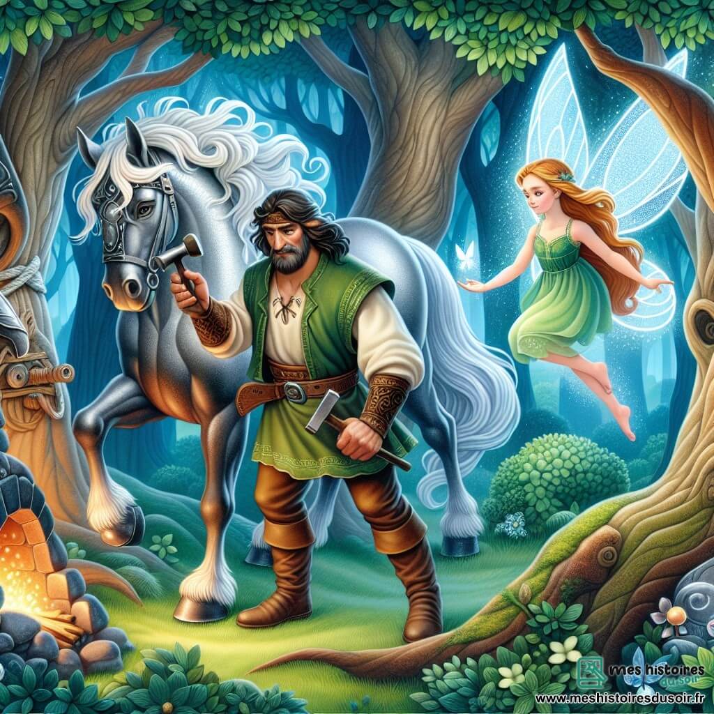 Une illustration destinée aux enfants représentant un forgeron courageux, un cheval majestueux et une fée lumineuse évoluant dans une forêt enchantée aux arbres murmuraient des secrets anciens.