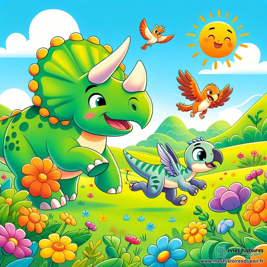 Une illustration sous forme de dessin destinée aux enfants représentant une vallée verdoyante et ensoleillée, avec un tricératops aux grandes cornes et à la peau verte, souriant joyeusement tout en courant à travers des fleurs colorées, accompagné d'un petit vélociraptor aux plumes vives qui saute à ses côtés, alors qu'ils découvrent un stégosaure triste avec des plaques brillantes sur le dos, le tout dans une ambiance joyeuse et amicale, illustrant l'esprit d'entraide et d'aventure de leur journée.