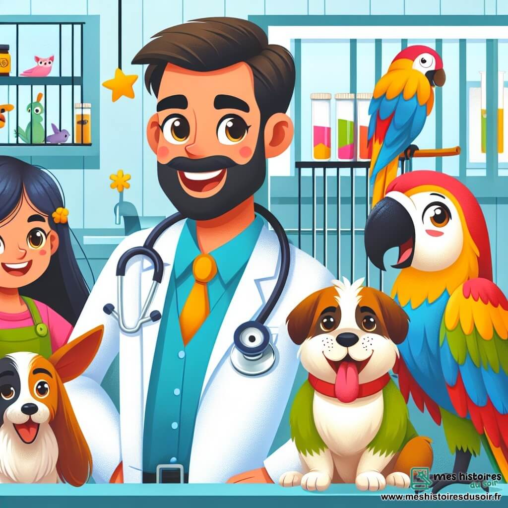 Une illustration destinée aux enfants représentant un vétérinaire passionné et dévoué, un chien de garde joyeux et un perroquet bavard, dans une clinique vétérinaire colorée et animée.