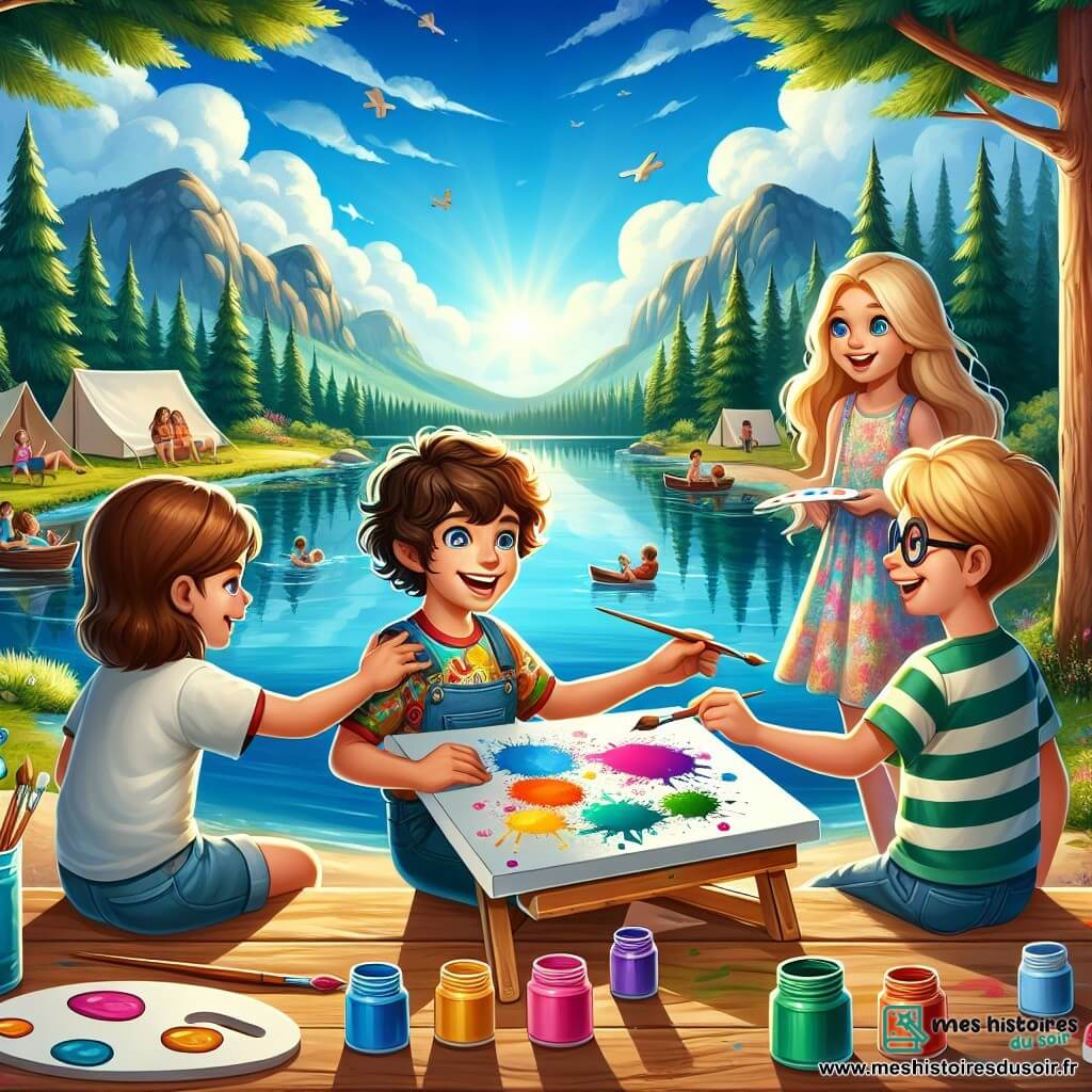 Illustration destinée aux enfants représentant un camp d'été vibrant au bord d'un lac scintillant, entouré de collines verdoyantes et de sapins majestueux sous un ciel bleu éclatant. Au premier plan, un garçon de 11 ans aux cheveux bruns et bouclés, portant un t-shirt coloré et un short, est assis sur une table en bois, concentré sur une toile blanche devant lui, un pinceau à la main, tandis que des pots de peinture aux couleurs vives sont éparpillés autour de lui. À ses côtés, une fille aux cheveux longs et blonds, vêtue d'une robe légère, l'encourage avec un sourire éclatant, tandis qu'un autre garçon, avec des lunettes et un t-shirt rayé, admire son travail avec des yeux pétillants d'enthousiasme. L'atmosphère est joyeuse et créative, avec des éclats de rire et des couleurs éclatantes qui remplissent l'air, capturant l'esprit d'amitié et de découverte de cet été inoubliable.