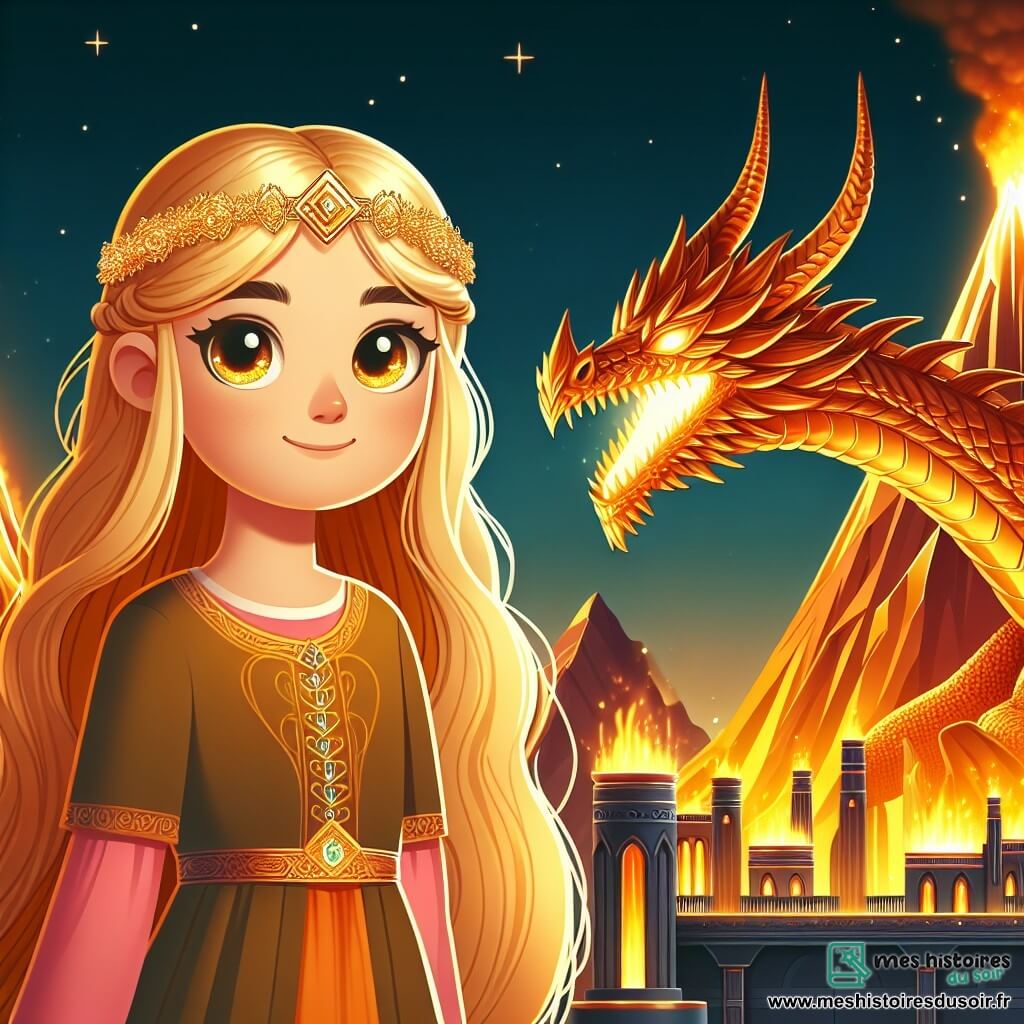 Une illustration destinée aux enfants représentant une fillette aux cheveux dorés et aux yeux pétillants se tenant devant un dragon de cuivre majestueux, avec en arrière-plan une montagne de Feu aux parois rougeoyantes, évoquant ainsi une aventure épique dans le monde magique et futuriste de Technoria.