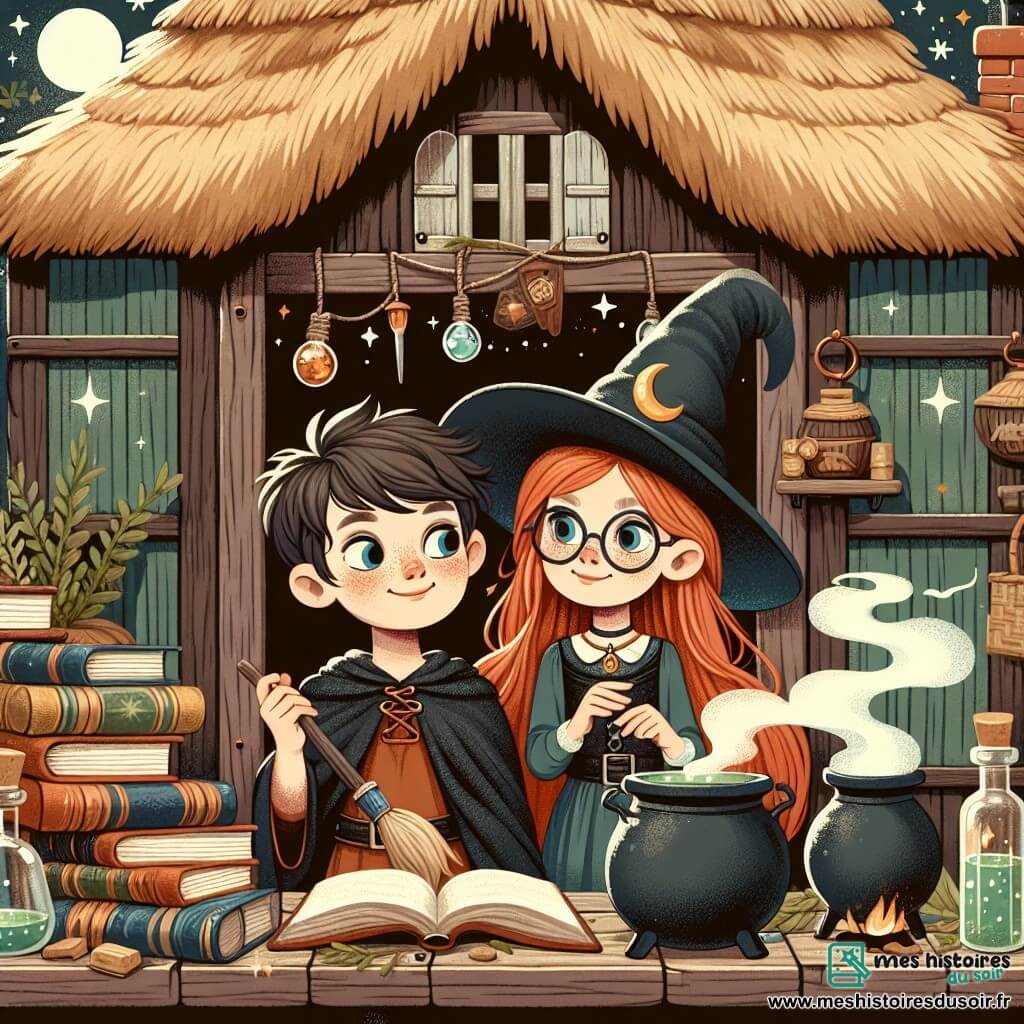 Une illustration destinée aux enfants représentant un jeune apprenti sorcier garçon, accompagné d'une amie sorcière fille aux cheveux rouges et aux lunettes en forme de lune, dans une chaumière au toit de chaume, entourée de livres de magie et de chaudrons fumants, vivant des mésaventures ensorcelantes et amusantes.