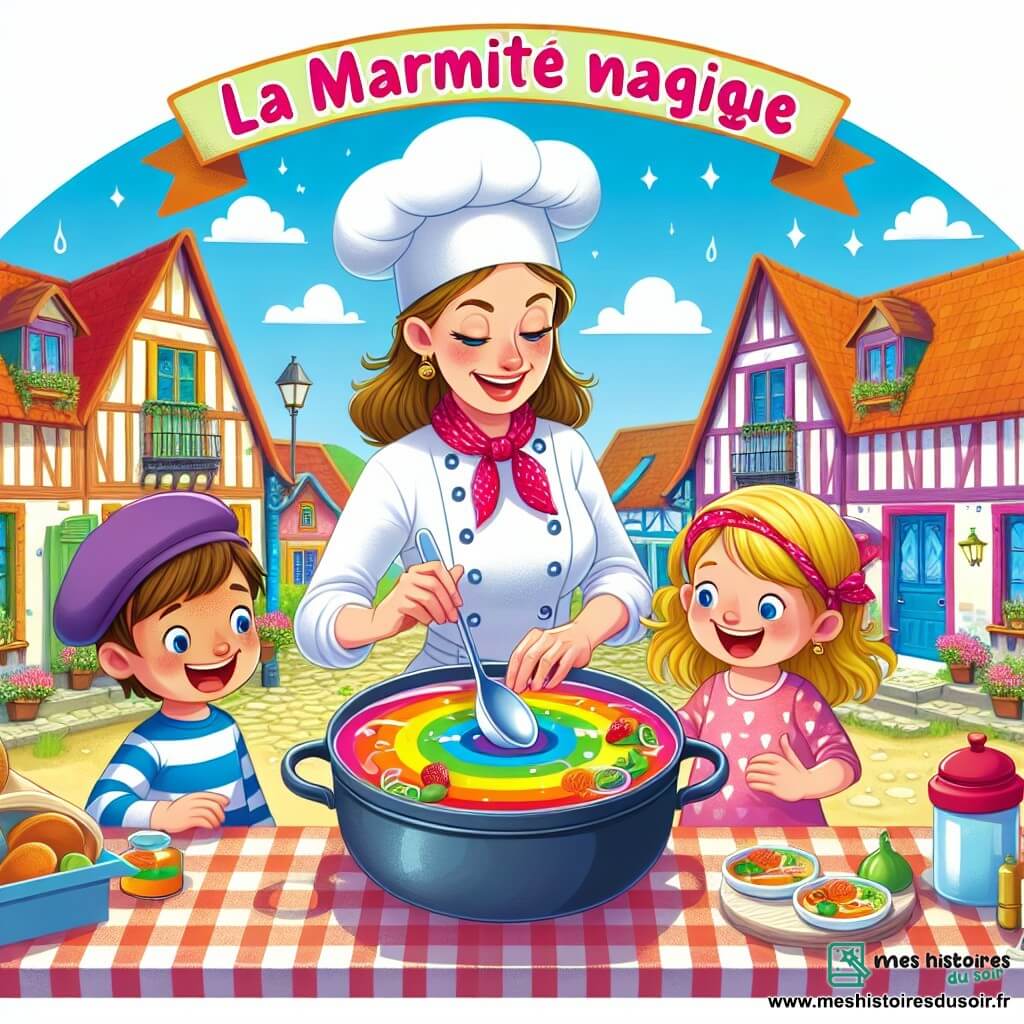 Une illustration destinée aux enfants représentant une chef cuisinière passionnée préparant une soupe arc-en-ciel, accompagnée d'un garçon curieux et d'une fille enthousiaste, dans un restaurant coloré nommé "La Marmite Magique" situé dans le village de Croquenbouche.