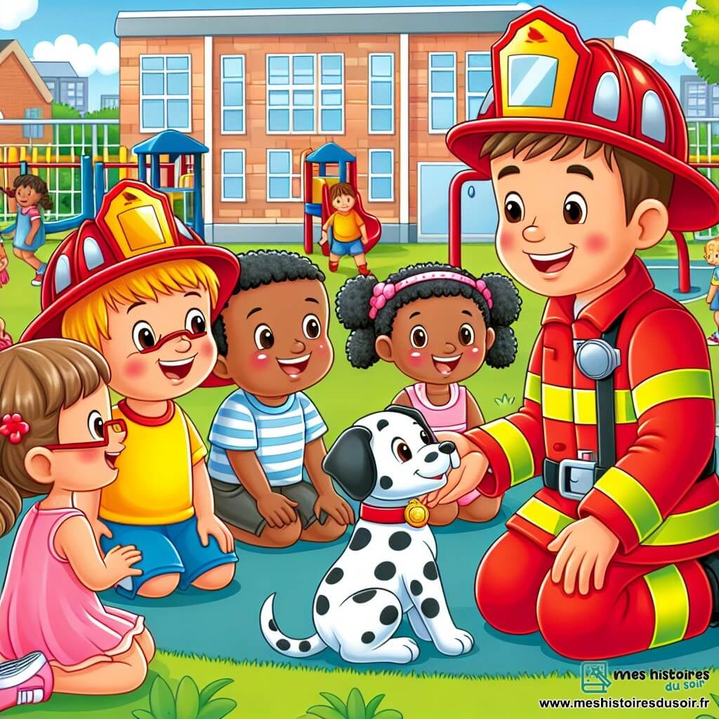 Une illustration sous forme de dessin destinée aux enfants représentant une cour d'école ensoleillée, avec un homme pompier souriant, portant un uniforme rouge vif et un casque brillant, s'agenouillant pour parler à un groupe d'enfants, dont une petite fille aux cheveux bouclés et une petite garçon aux lunettes, tous deux portant de petits casques en plastique et des badges de pompier, tandis qu'un dalmatien aux taches noires et blanches, joyeux et attentif, se tient à côté de lui, le tout entouré de jeux et de rires, illustrant une journée de sensibilisation à la sécurité incendie.