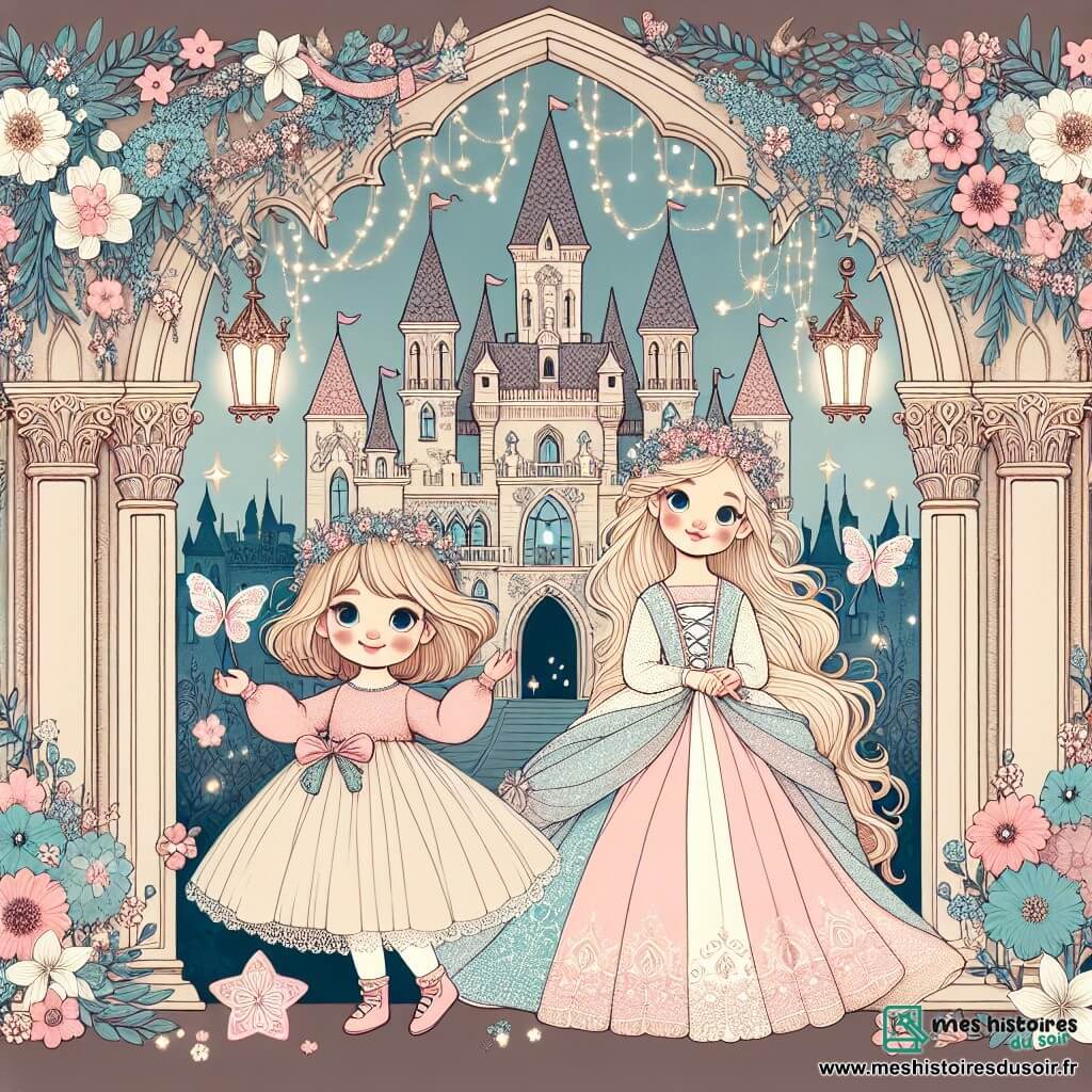 Une illustration destinée aux enfants représentant une jeune fille au destin bouleversé, accompagnée d'une Fée Marraine magique, dans un château majestueux aux tours ornées de guirlandes de fleurs et de lanternes scintillantes.