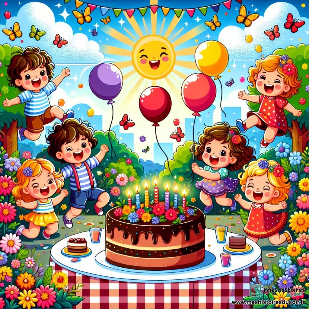 Illustration destinée aux enfants représentant un jardin enchanté, rempli de fleurs colorées qui brillent sous le soleil, avec des papillons dansants et des ballons flottant dans le ciel bleu. Au centre, un groupe d'enfants de deux ans, joyeux et souriants, avec des cheveux bouclés et des vêtements colorés, sautent et rient ensemble. Parmi eux, un garçon aux cheveux bruns et une petite fille aux cheveux blonds, tous deux essayant d'attraper un ballon rouge qui s'envole vers un arbre. L'atmosphère est festive, avec un grand gâteau au chocolat décoré de bougies scintillantes sur une nappe à carreaux, et des rires qui résonnent dans l'air.