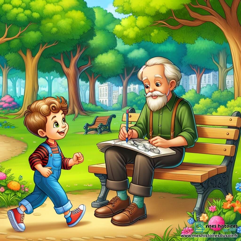 Une illustration destinée aux enfants représentant un garçon plein de vie et de curiosité, faisant la rencontre d'un garçon plus âgé dessinant sur un banc, dans un parc verdoyant aux arbres majestueux et aux fleurs colorées.