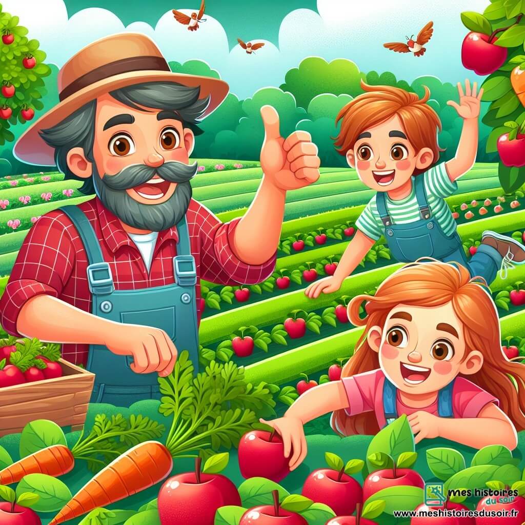 Une illustration destinée aux enfants représentant un homme passionné par l'agriculture, accompagné d'une fille et d'un garçon, découvrant un trésor caché dans un champ verdoyant de leur ferme, entouré de pommes rouges et de carottes orange brillantes.