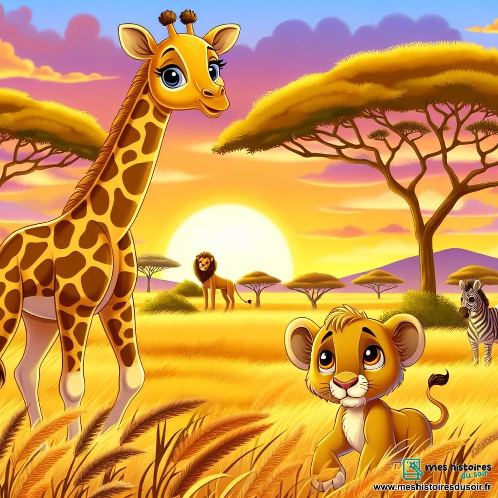 Illustration d'une savane africaine illuminée par le soleil couchant. Des herbes dorées ondulent sous le vent, tandis que des acacias se dressent au loin, silhouettés contre le ciel coloré. Au premier plan, une jeune girafe au pelage jaune tacheté de brun se tient debout, son long cou tendu vers le ciel. Elle observe un lionceau aux grands yeux brillants, assis sur le sol, inquiet et cherchant sa maman. Le lionceau a un pelage doré avec des taches claires. La girafe, avec un regard réconfortant, s'approche pour aider son nouvel ami. En arrière-plan, d'autres animaux de la savane, comme des zèbres et des éléphants, ajoutent de la vie à la scène, créant une atmosphère chaleureuse.