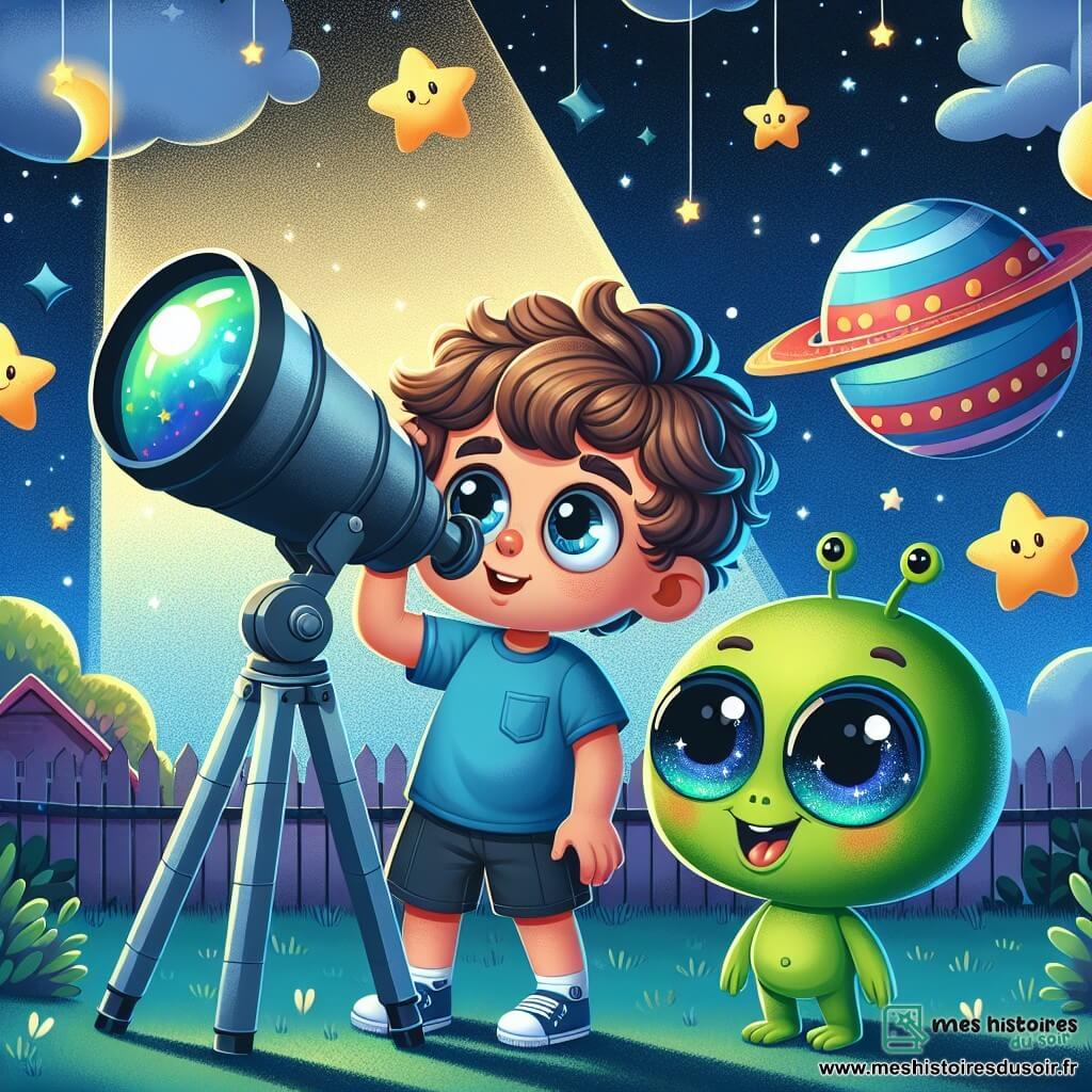 Une illustration sous forme de dessin destinée aux enfants représentant un petit garçon de 5 ans aux cheveux bruns et bouclés, portant un t-shirt bleu et des shorts, émerveillé en regardant à travers un télescope dans son jardin, tandis qu'un extraterrestre joyeux, rond et vert avec de grands yeux brillants, flotte à ses côtés, entouré d'étoiles scintillantes et d'un vaisseau spatial coloré en arrière-plan, illustrant leur amitié naissante et leur exploration des merveilles de l'univers.