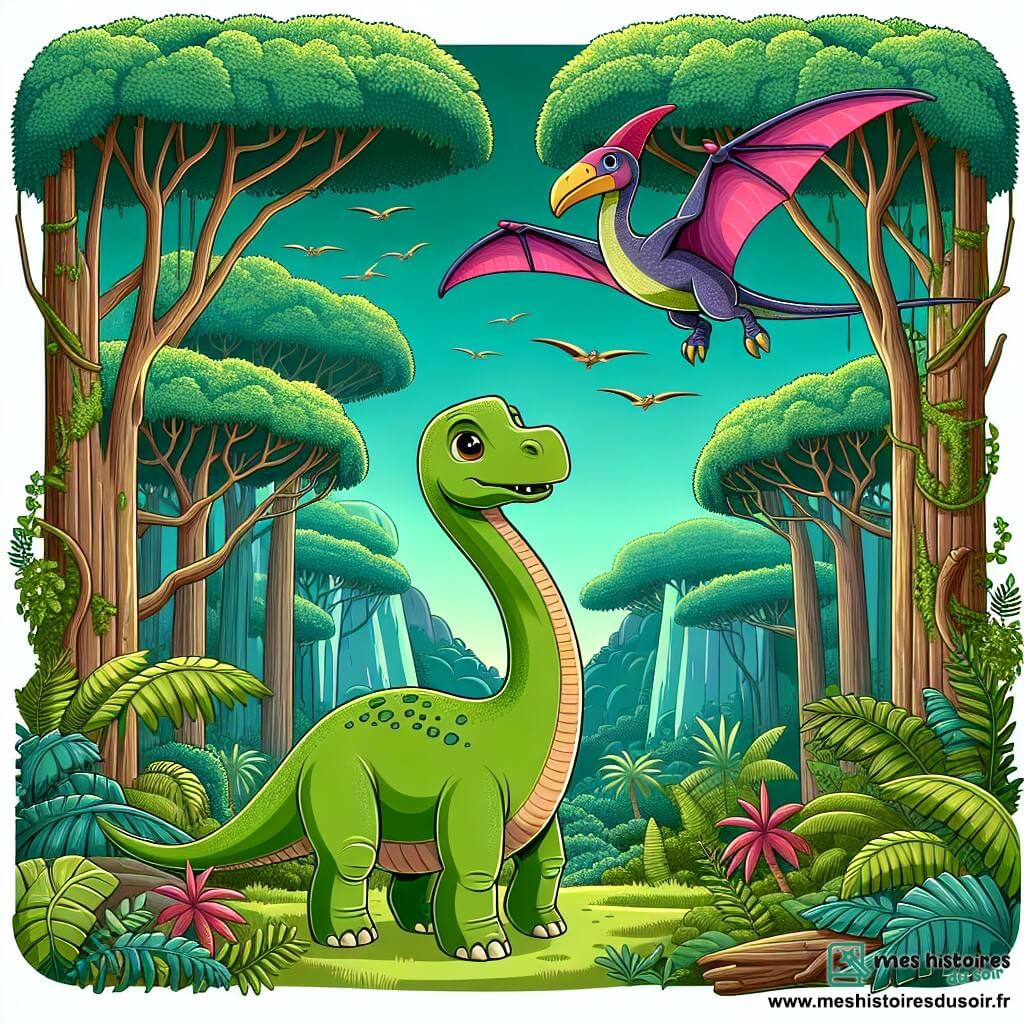 Une illustration destinée aux enfants représentant un jeune diplodocus courageux, une ptérodactyle volante et colorée, au milieu d'une vaste forêt préhistorique luxuriante et pleine de mystères.