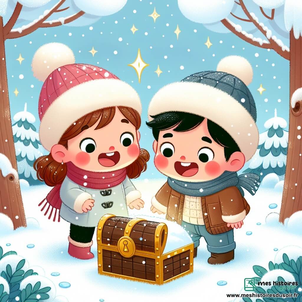Une illustration destinée aux enfants représentant un petit garçon plein d'enthousiasme découvrant un trésor caché dans la neige, accompagné de sa copine, une fillette aux joues rougies par le froid, dans un parc enneigé aux arbres recouverts de flocons scintillants.