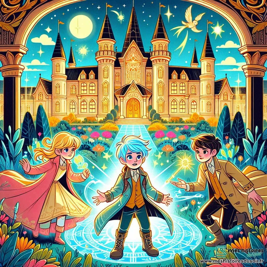 Une illustration destinée aux enfants représentant un petit garçon aux cheveux d'un bleu étincelant découvrant ses pouvoirs magiques, accompagné de ses amis, une fille capable de contrôler les éléments et un garçon doué pour la téléportation, dans l'enceinte majestueuse de l'Académie des Étoiles, avec ses tours se dressant vers le ciel et ses jardins remplis de fleurs aux couleurs éclatantes.