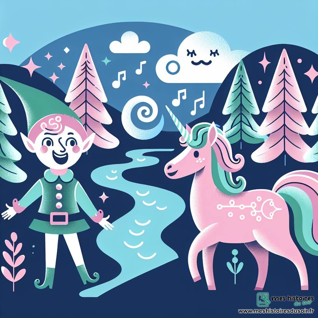 Une illustration destinée aux enfants représentant une licorne rose bonbon espiègle, accompagnée d'un lutin espiègle, dans une forêt enchantée aux arbres chantants, aux nuages dansants et aux rivières murmurantes.