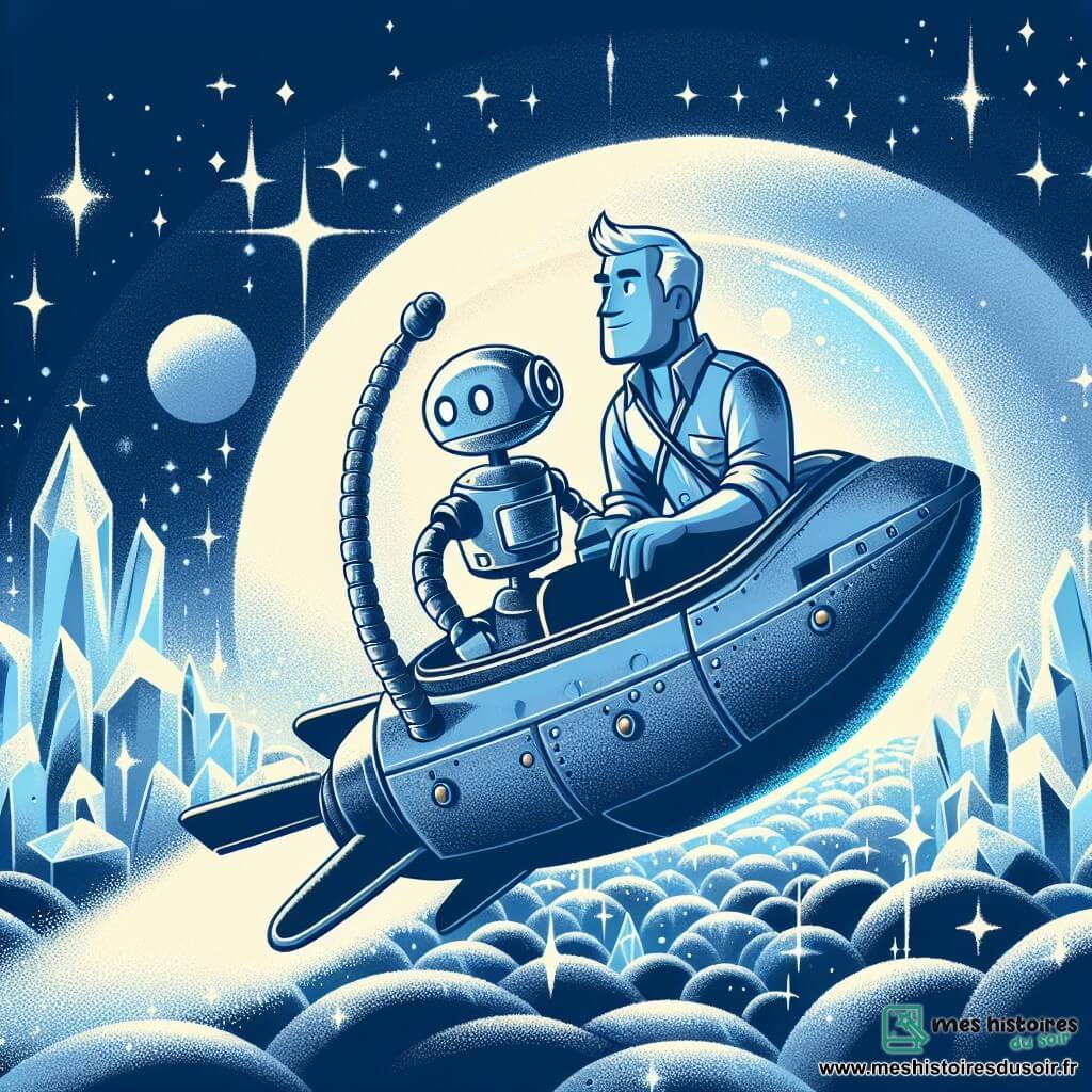 Une illustration destinée aux enfants représentant un homme intrépide et curieux, embarqué dans un vaisseau spatial, accompagné d'un robot fidèle, explorant une planète lointaine recouverte d'une épaisse couche de glace scintillante, à la recherche d'une nouvelle source d'eau pour sauver l'humanité.