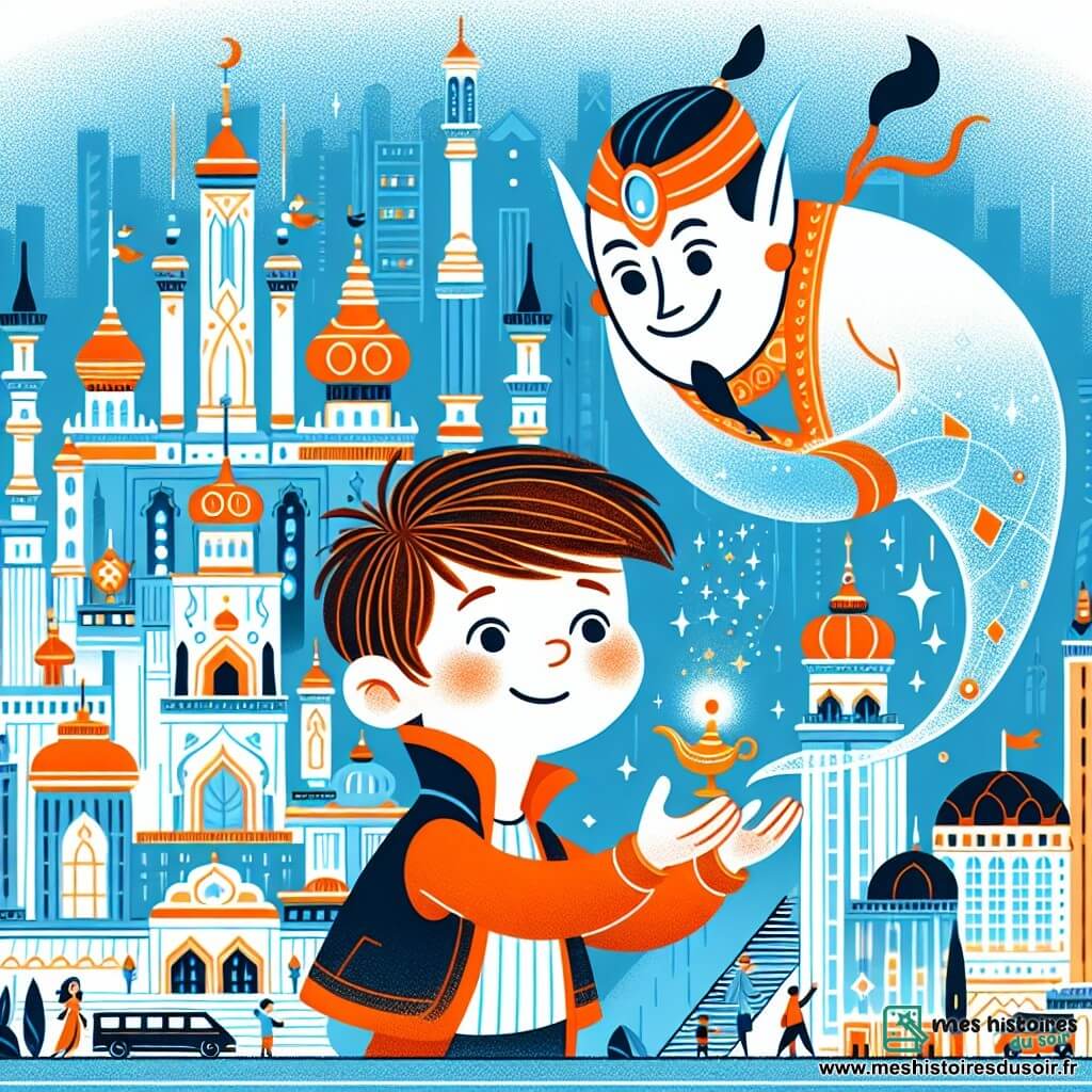 Une illustration destinée aux enfants représentant un jeune garçon aventurier, vivant dans un royaume futuriste où les rôles sociaux sont inversés, accompagné d'un génie bienveillant, évoluant dans une ville aux tours scintillantes et aux rues animées.