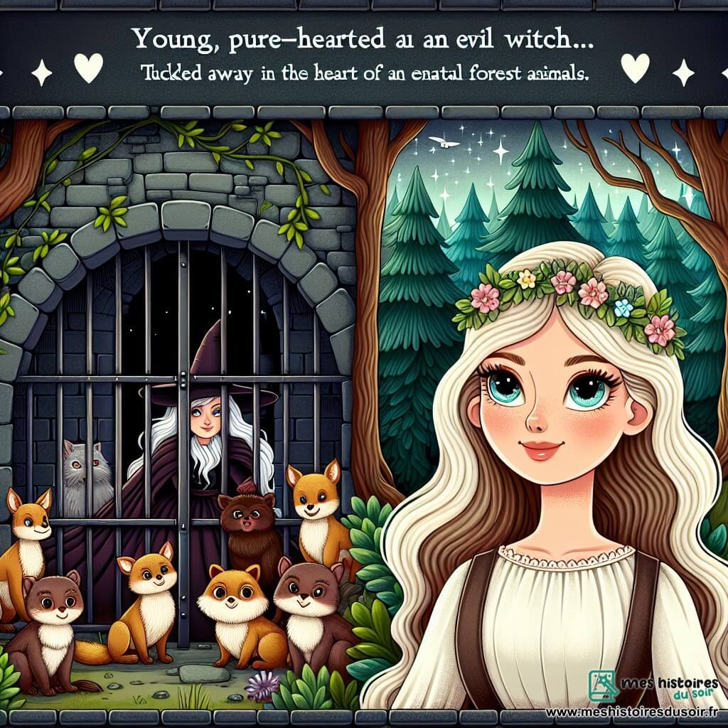 Une illustration destinée aux enfants représentant une jeune femme au cœur pur, capturée par une sorcière maléfique, accompagnée de ses fidèles animaux de la forêt, dans un donjon lugubre aux murs sombres et aux grilles rouillées, caché au cœur d'une forêt enchantée aux arbres majestueux et aux fleurs étincelantes.