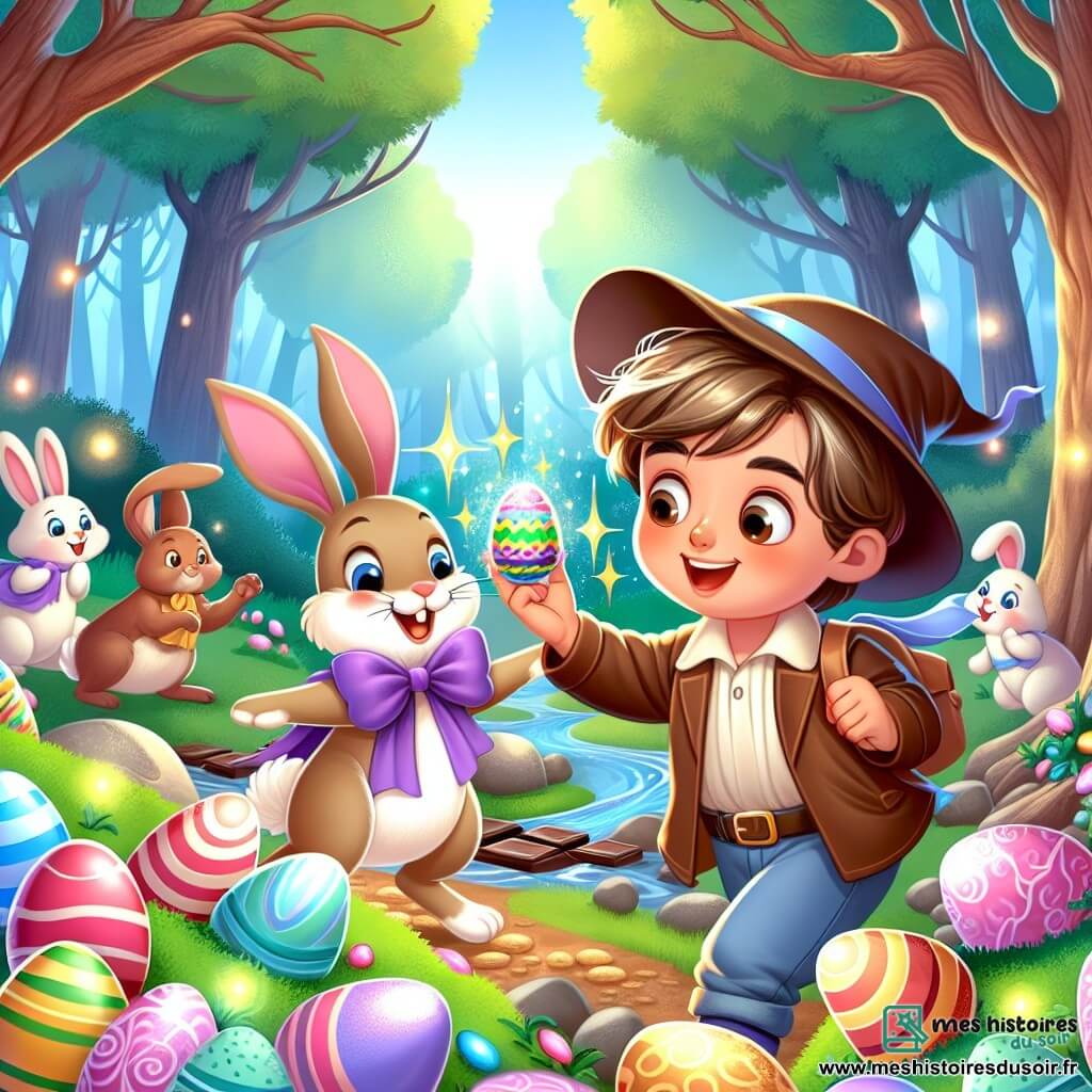 Une illustration destinée aux enfants représentant un garçon espiègle découvrant un œuf de Pâques magique, accompagné d'un Lapin Enchanteur, dans la Forêt des Friandises aux arbres de bonbons et ruisseaux de chocolat de Croquenbouille.
