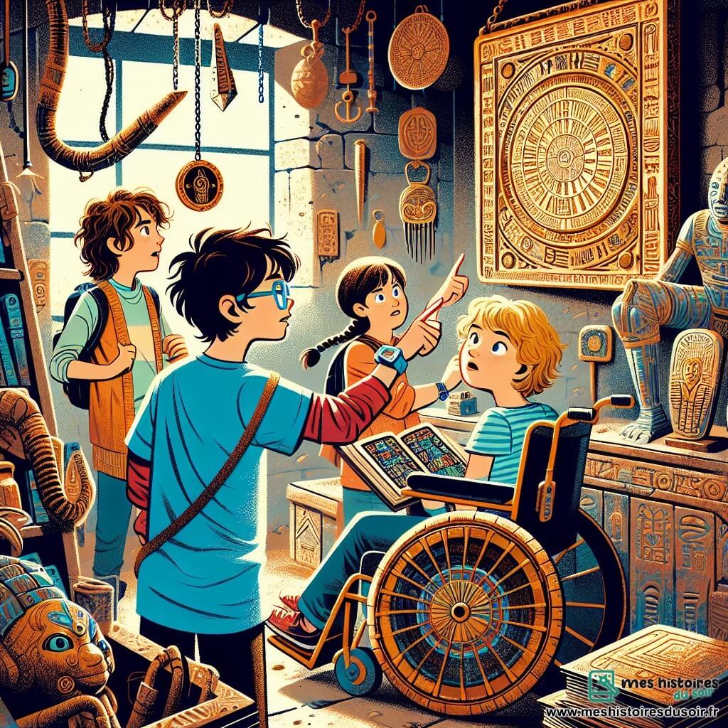 Une illustration sous forme de dessin destinée aux enfants représentant un groupe d'enfants de 11 ans, dont un garçon aux cheveux bruns en bataille, portant un t-shirt bleu et des lunettes, qui regarde avec émerveillement un miroir ancien aux motifs complexes, tandis qu'une fille aux cheveux blonds tressés, vêtue d'une robe colorée, pointe du doigt des hiéroglyphes sur un mur, et un garçon en fauteuil roulant, aux yeux pétillants de curiosité, observe des machines étranges, le tout dans une pièce poussiéreuse remplie d'objets anciens et de livres, évoquant une atmosphère d'aventure et de découverte à travers le temps.
