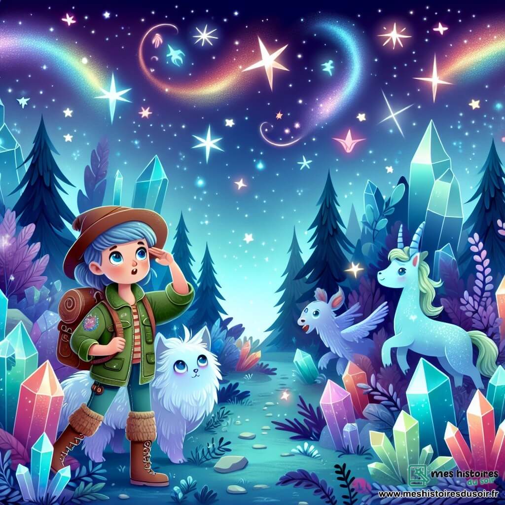 Une illustration destinée aux enfants représentant une jeune femme exploratrice intrépide, accompagnée de mystérieuses créatures lumineuses, dans un monde magique aux forêts de cristaux multicolores sous un ciel constellé d'étoiles flamboyantes.