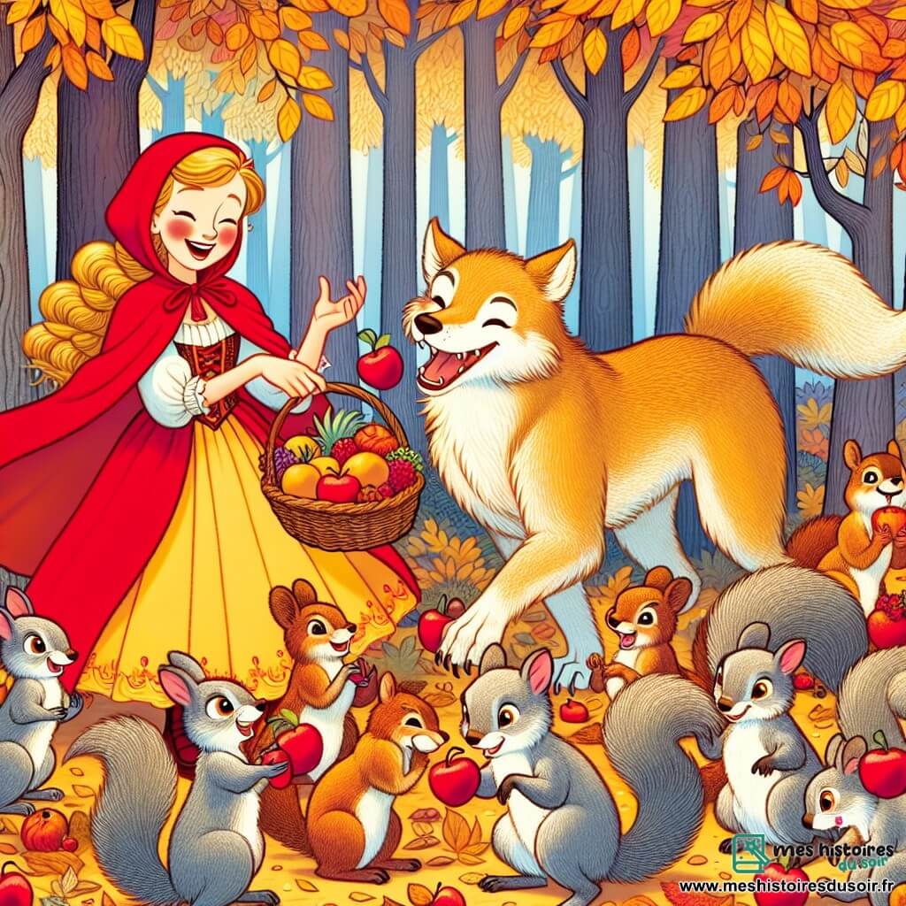 Une illustration sous forme de dessin destinée aux enfants représentant une forêt enchantée, avec des arbres majestueux aux feuilles dorées, où une fillette joyeuse portant une cape rouge vif et un panier rempli de fruits se tient au centre, entourée d'un loup amical au pelage brun clair, qui sourit et gesticule avec enthousiasme, tandis qu'un groupe d'écureuils aux yeux pétillants et aux queues touffues s'affairent autour d'eux, tous préparant un festin coloré, illustrant ainsi un moment de partage et d'amitié au cœur de la nature.