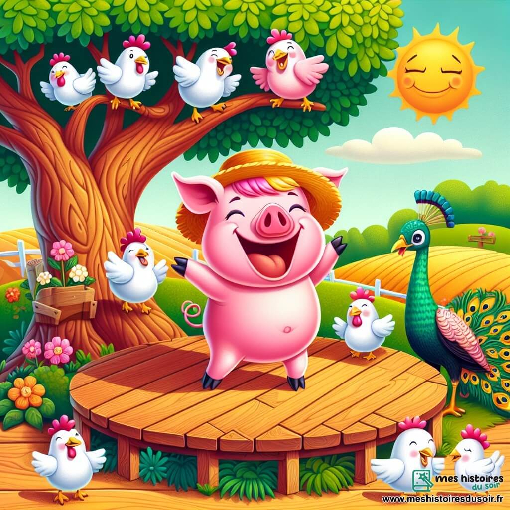 Une illustration sous forme de dessin destinée aux enfants représentant une ferme ensoleillée avec un grand chêne au centre, où un cochon rose éclatant avec un chapeau de paille, souriant et espiègle, se tient sur une scène en bois, entouré de poules blanches et rieuses qui dansent autour de lui, tandis qu'un paon flamboyant observe la scène avec curiosité, le tout dans une ambiance joyeuse et colorée, illustrant un concours de farces et attrapes entre les animaux de la ferme.