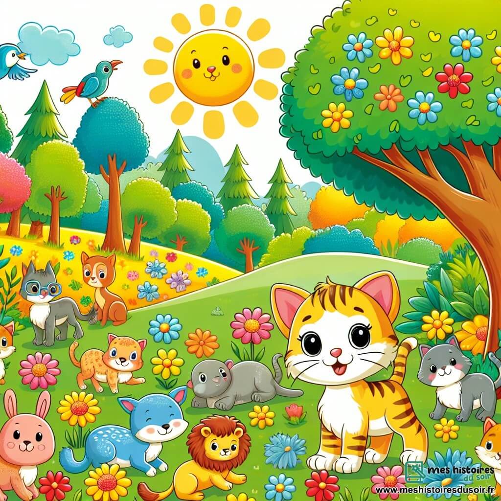 Une illustration destinée aux enfants représentant un félin curieux et espiègle, une joyeuse bande d'animaux, dans un parc ensoleillé parsemé de fleurs colorées et d'arbres majestueux.
