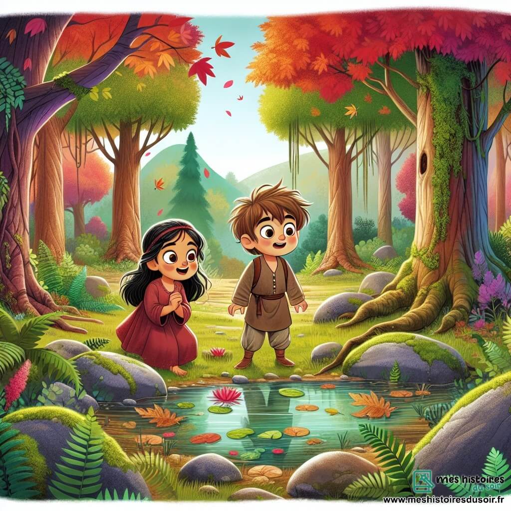 Une illustration destinée aux enfants représentant une fille émerveillée par les couleurs de l'automne, accompagnée de son meilleur ami, un garçon aux cheveux bruns en bataille, découvrant une clairière enchantée avec une petite mare entourée de rochers couverts de mousse et de fougères, dans une forêt aux arbres majestueux aux feuilles rougeoyantes et dorées.