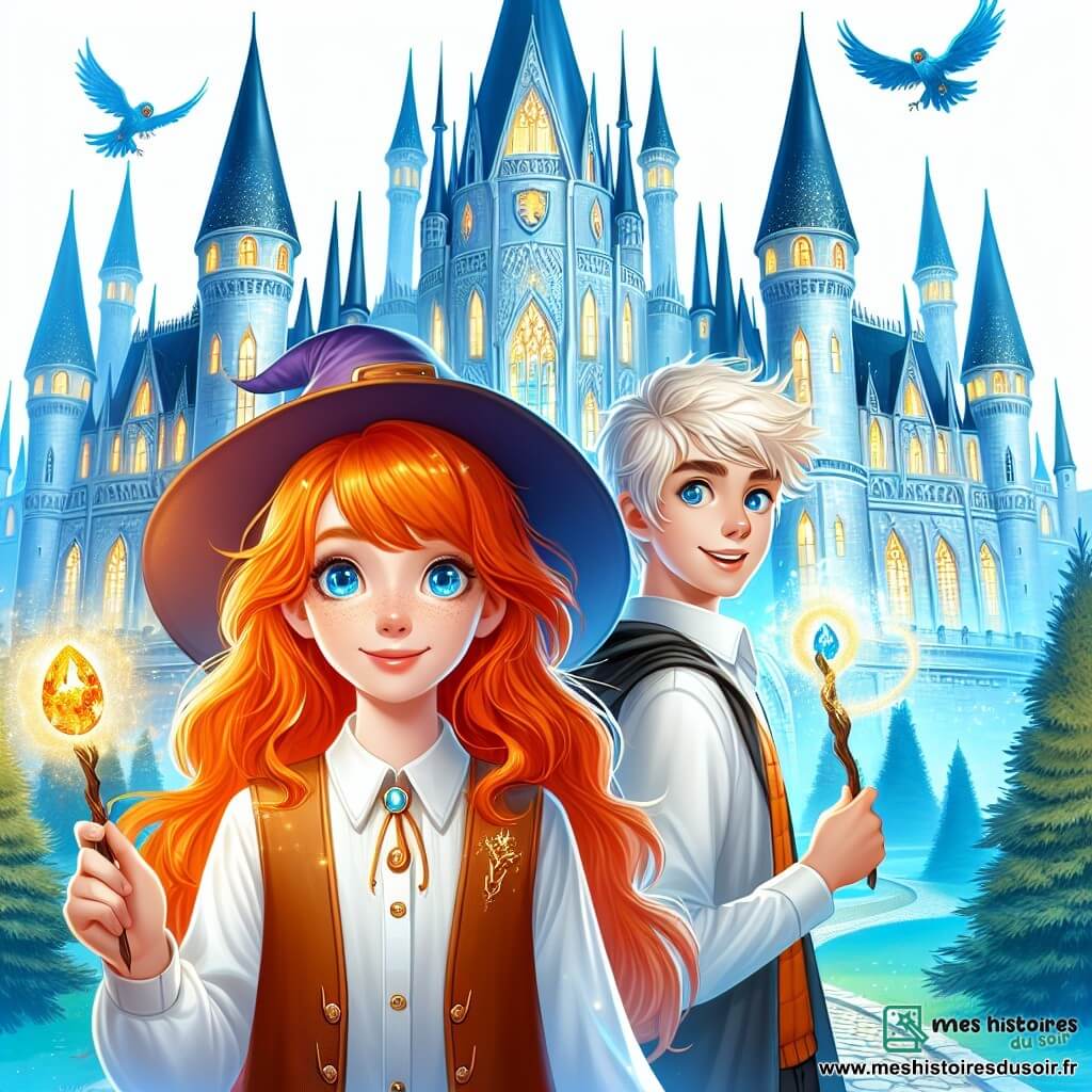 Une illustration destinée aux enfants représentant un jeune apprenti sorcier, une fille aux cheveux roux flamboyants et un garçon aux yeux pétillants de malice, se tenant devant l'imposant château scintillant de l'école des sorciers de Lumeria, où se déroule une aventure magique et enchanteresse.