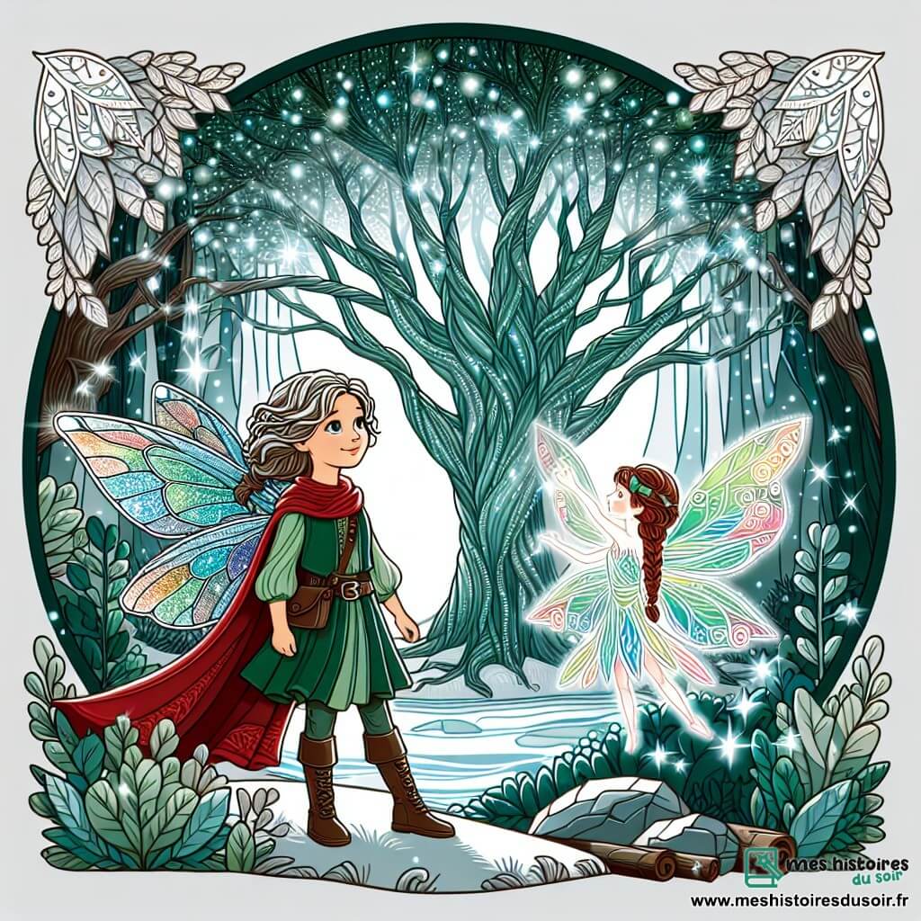Une illustration destinée aux enfants représentant une jeune femme courageuse et belle, se tenant devant un arbre majestueux scintillant comme des émeraudes, accompagnée d'une fée lumineuse aux ailes irisées, dans une forêt enchantée baignée de lumière argentée.