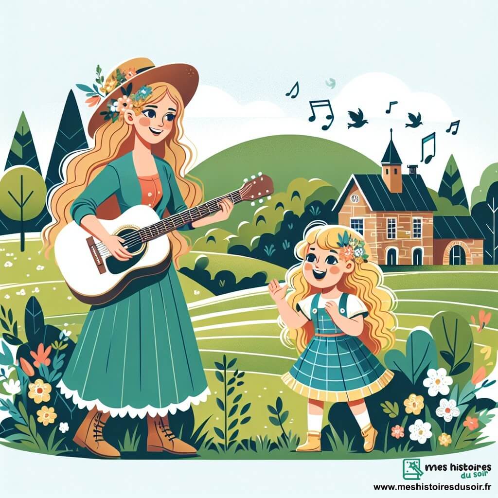 Une illustration destinée aux enfants représentant une jeune femme talentueuse en musique, accompagnée d'une petite fille aux boucles dorées, jouant de la guitare et chantant joyeusement dans un village pittoresque entouré de champs verdoyants et de maisons en pierre.