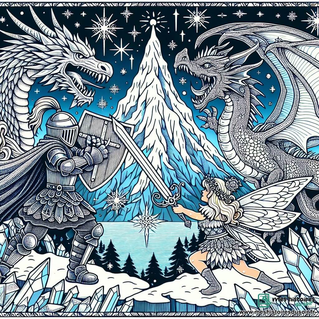 Une illustration destinée aux enfants représentant un chevalier courageux affrontant un dragon redoutable avec l'aide d'une fée bienveillante, au sommet d'une montagne enneigée ornée de cristaux scintillants.