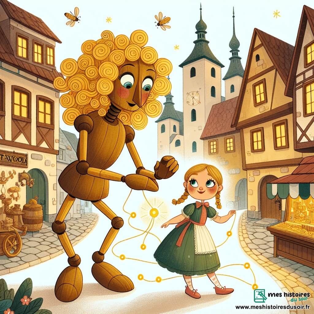 Une illustration destinée aux enfants représentant une marionnette de bois aux boucles dorées, une fillette espiègle et curieuse, accompagnée d'une petite luciole lumineuse, évoluant dans la charmante ville de Bois-Joli aux rues pavées et à l'atelier féérique de son père.